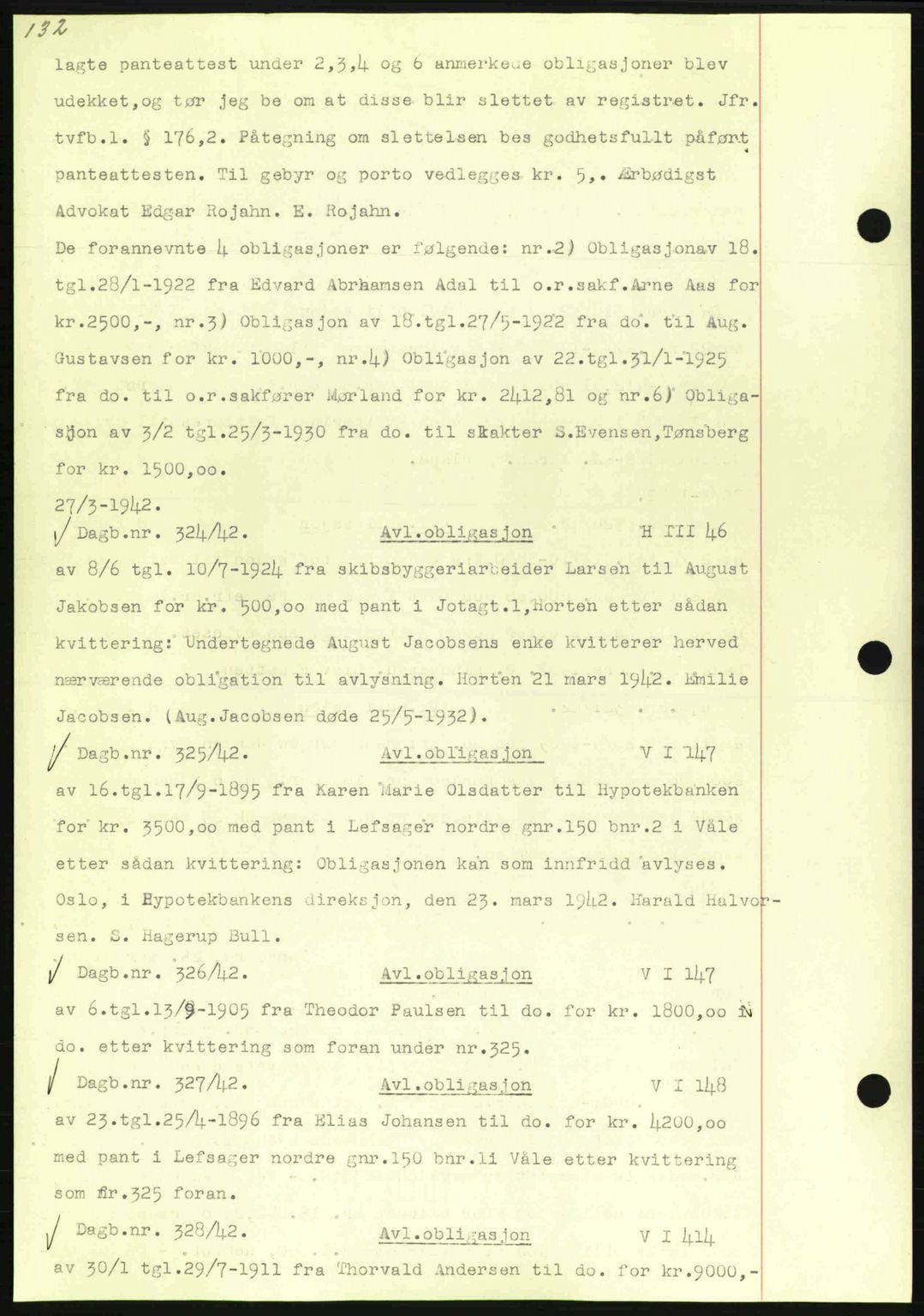 Horten sorenskriveri, SAKO/A-133/G/Ga/Gab/L0003: Mortgage book no. B-5 - B-6, 1941-1943, Diary no: : 324/1942
