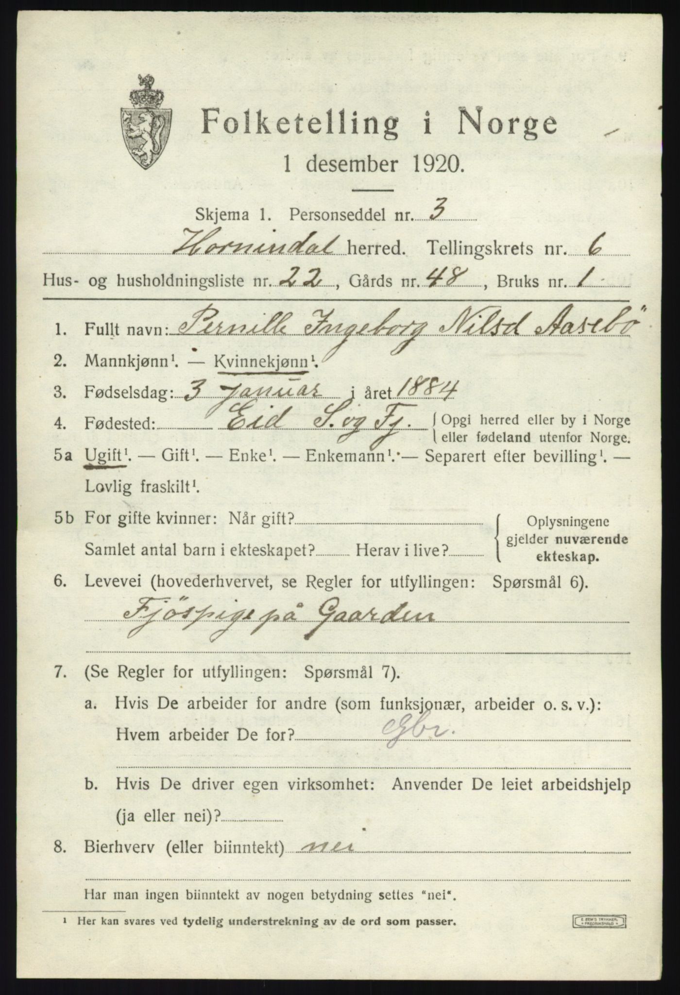 SAB, 1920 census for Hornindal, 1920, p. 3408