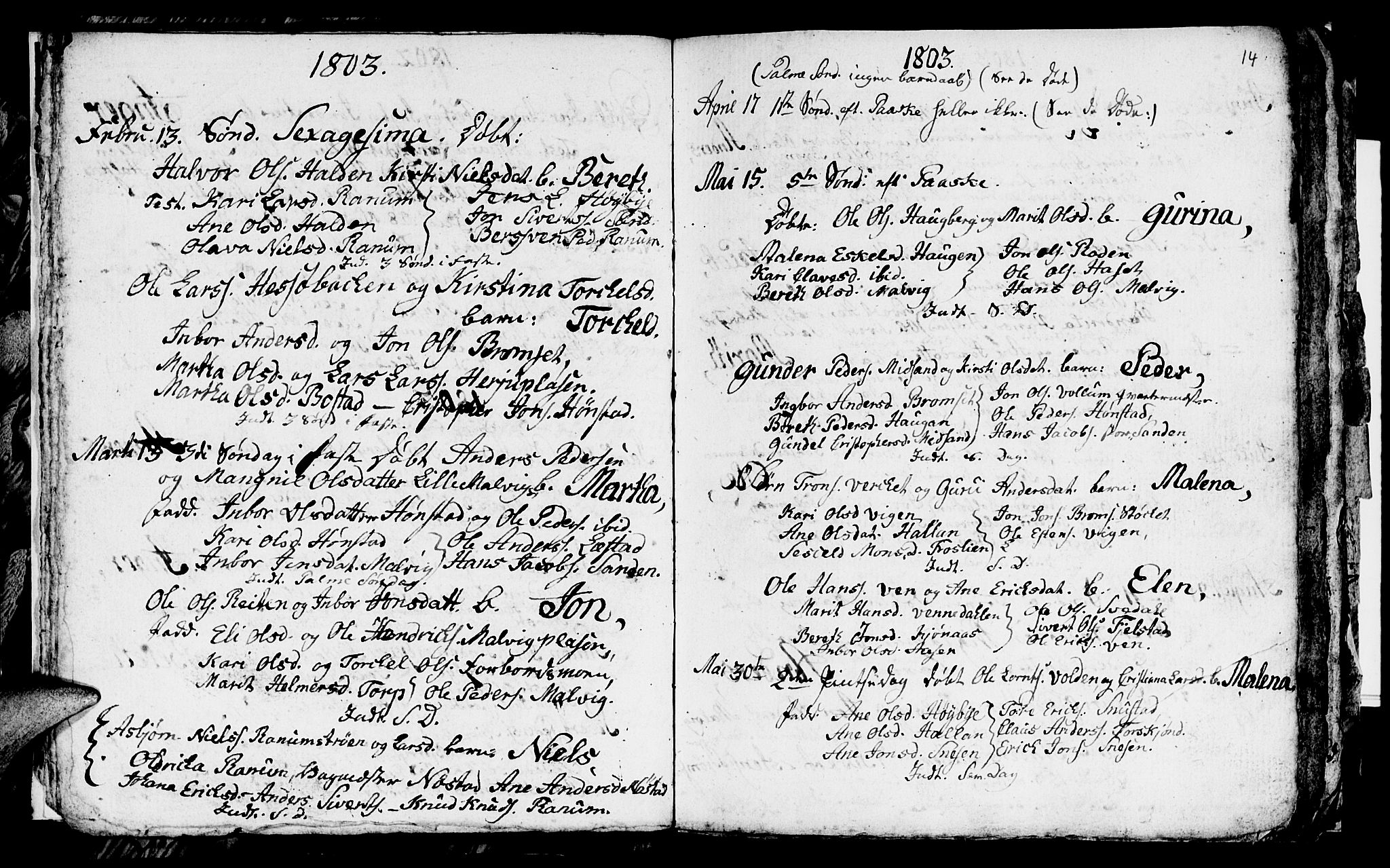 Ministerialprotokoller, klokkerbøker og fødselsregistre - Sør-Trøndelag, SAT/A-1456/616/L0419: Parish register (copy) no. 616C02, 1797-1816, p. 14