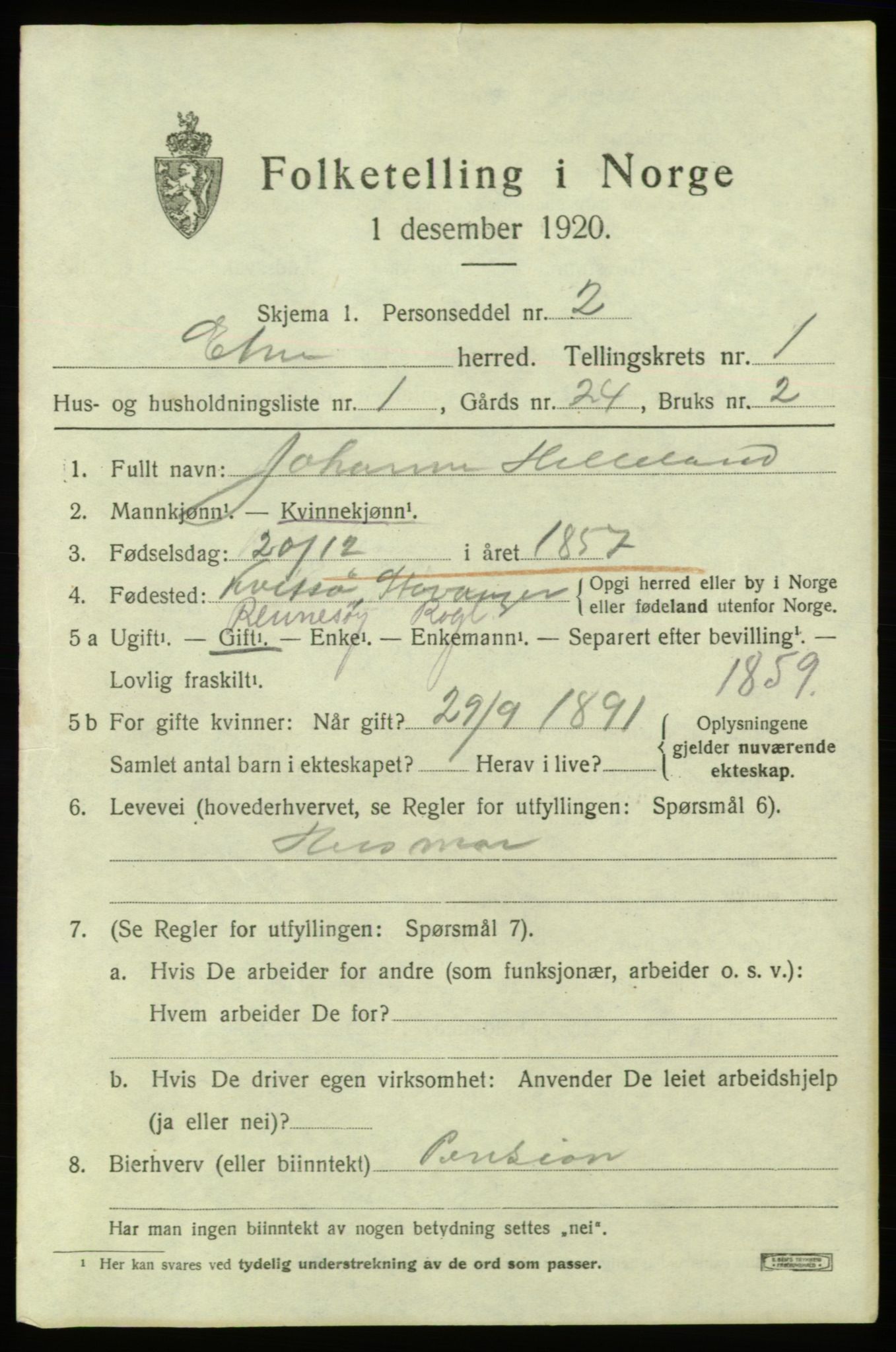 SAB, 1920 census for Etne, 1920, p. 1027