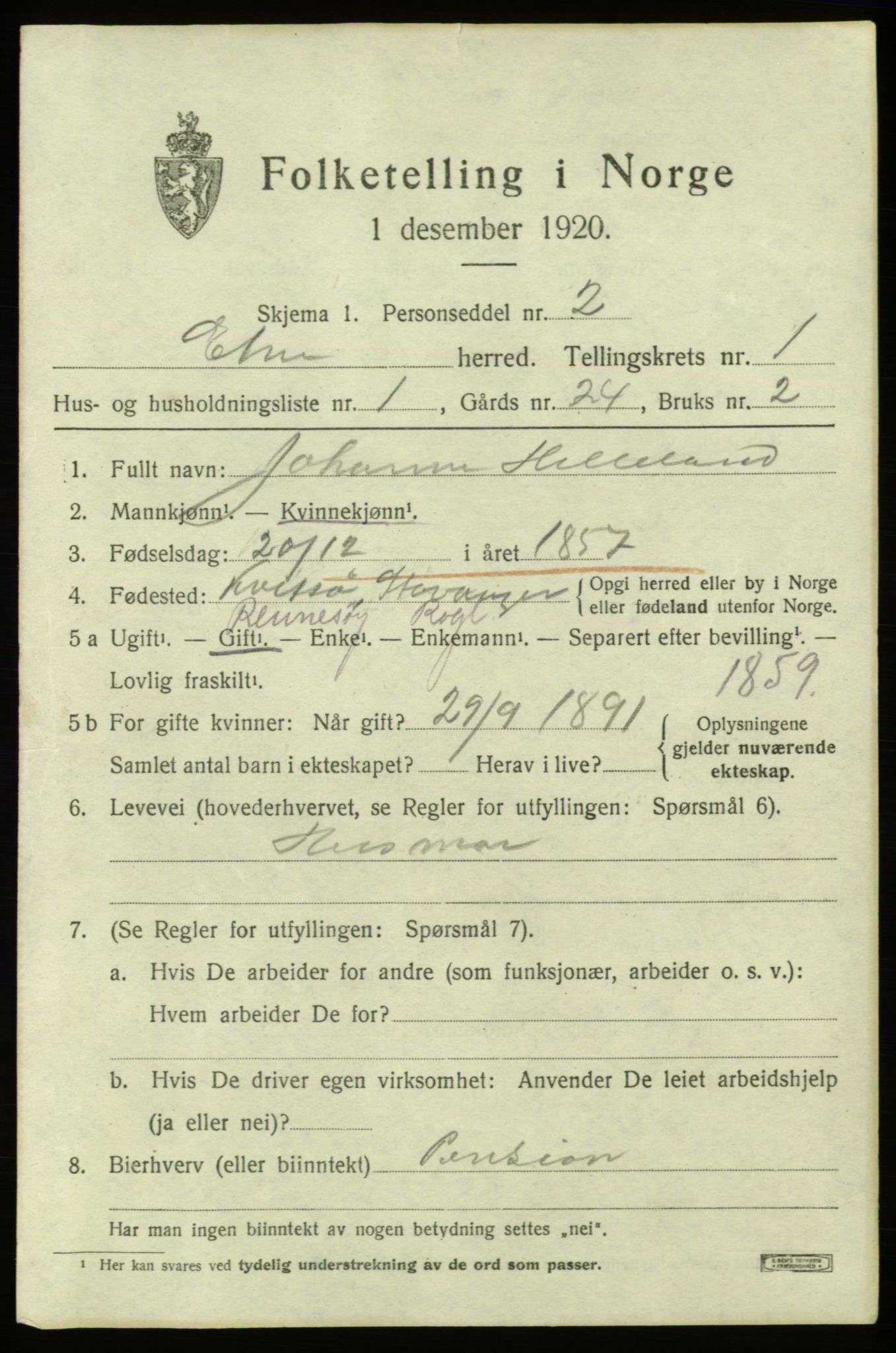 SAB, 1920 census for Etne, 1920, p. 1027