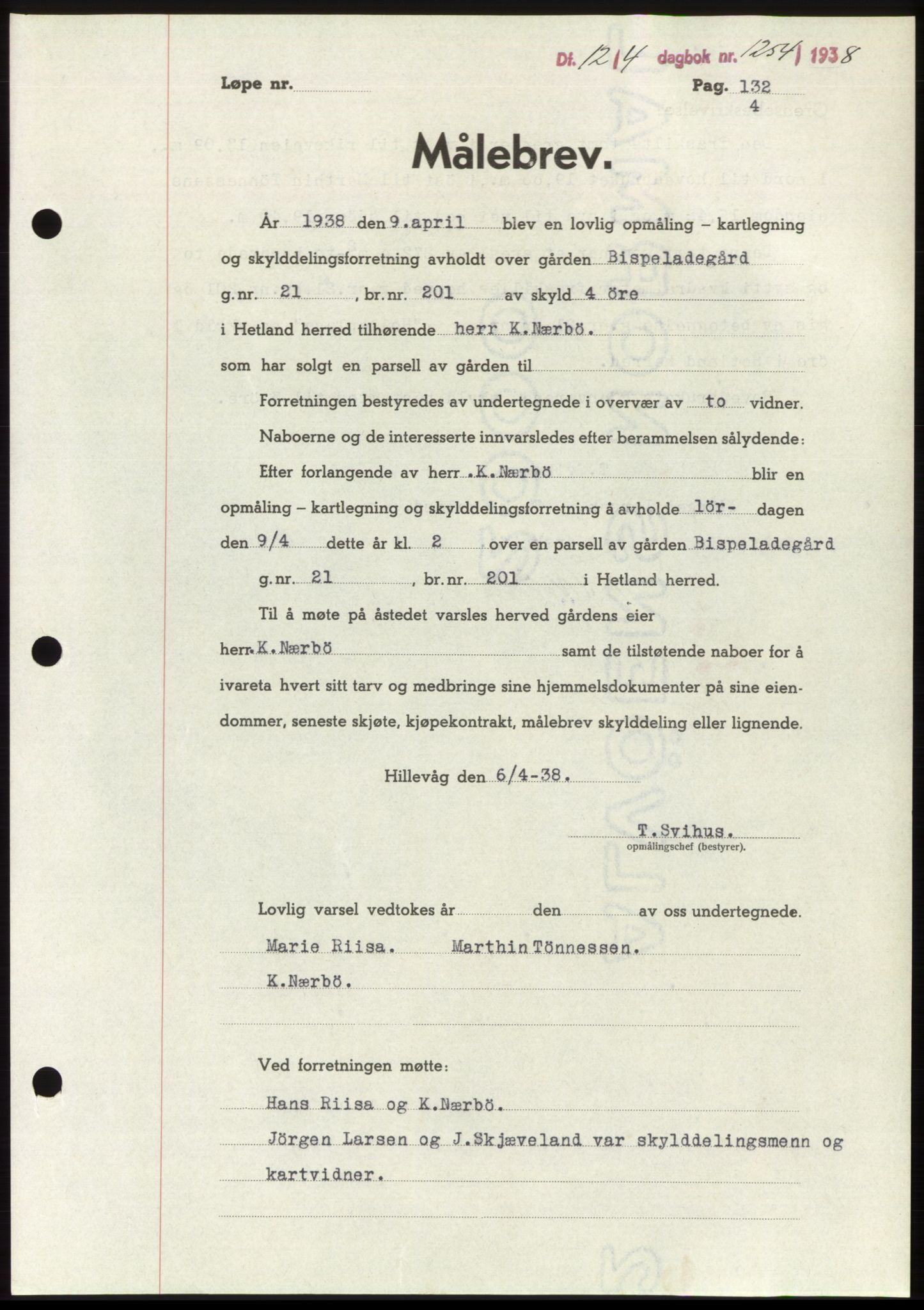 Jæren sorenskriveri, SAST/A-100310/03/G/Gba/L0070: Mortgage book, 1938-1938, Diary no: : 1254/1938