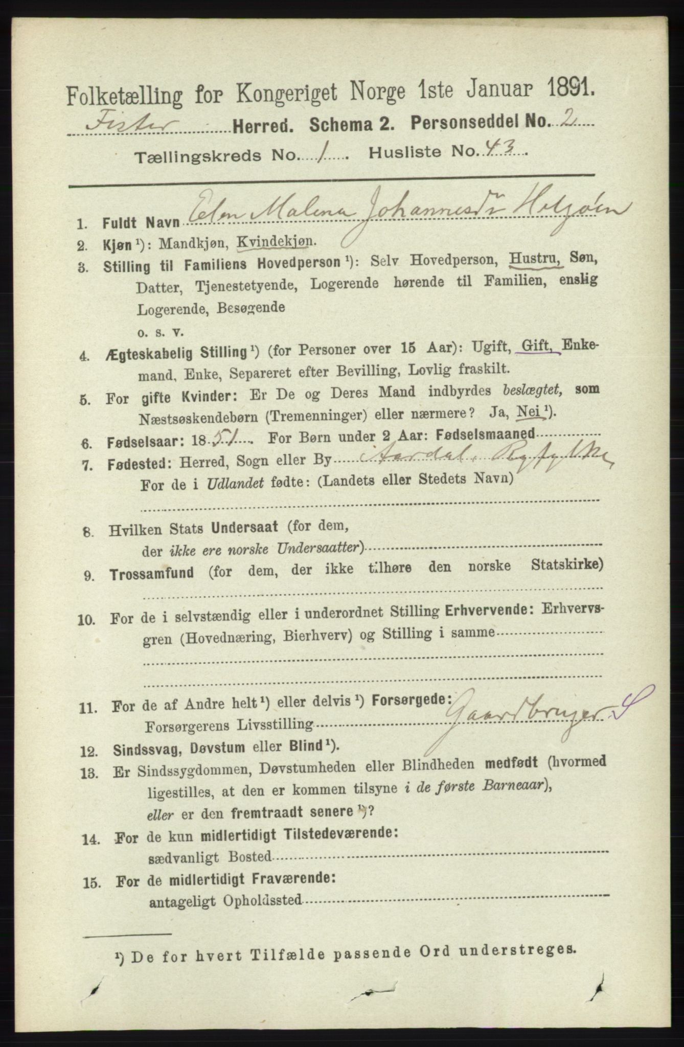 RA, 1891 census for 1132 Fister, 1891, p. 278