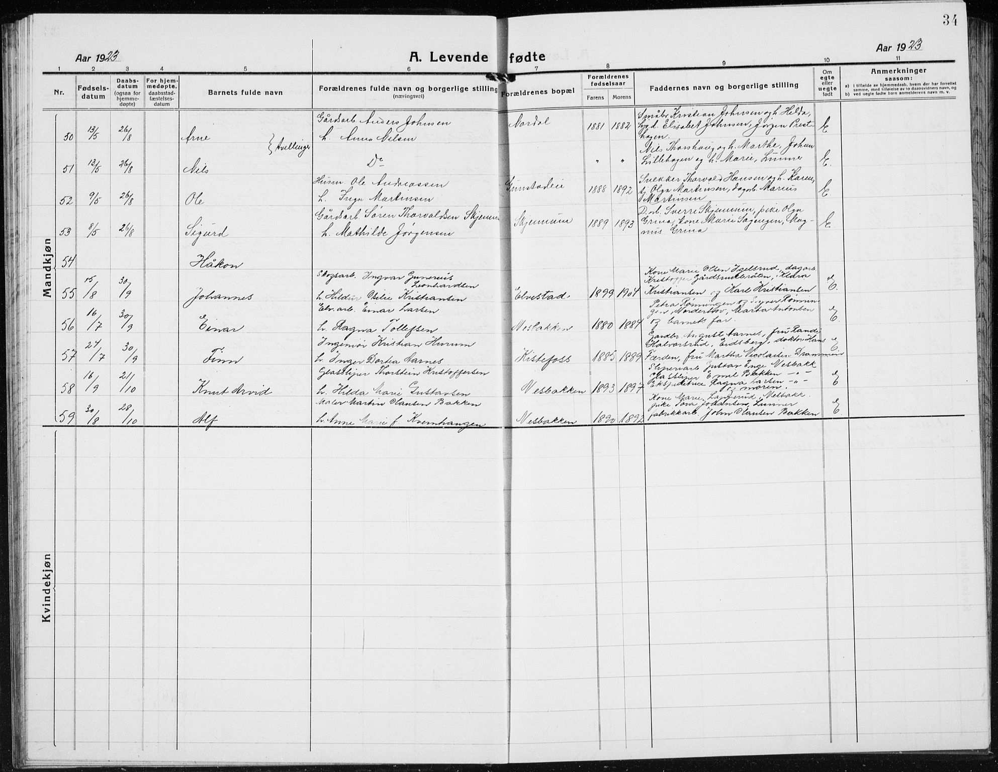 Jevnaker prestekontor, AV/SAH-PREST-116/H/Ha/Hab/L0005: Parish register (copy) no. 5, 1919-1934, p. 34