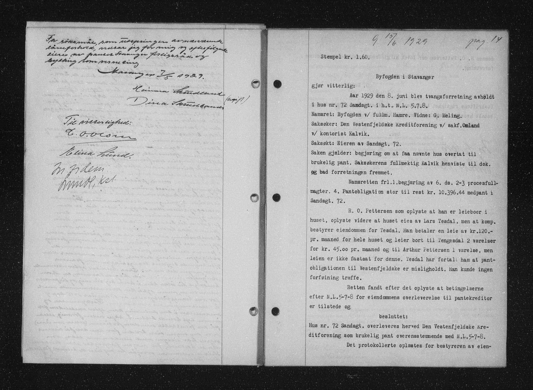 Stavanger byfogd, AV/SAST-A-101408/001/4/41/410/410BB/L0056: Mortgage book no. 44, 1929-1930, Deed date: 15.06.1929