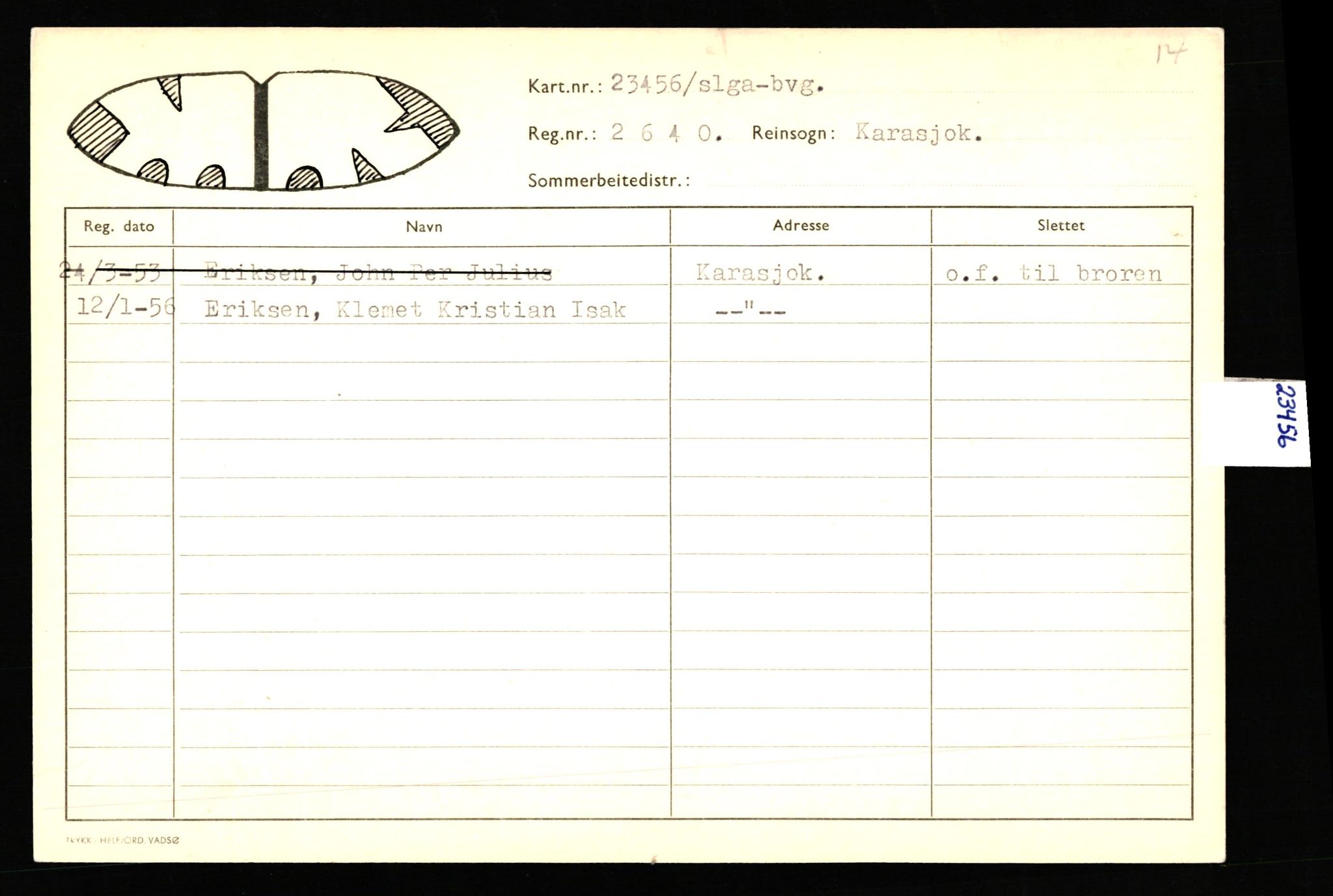 Lappefogden i Finnmark/Reindriftsforvaltningen Øst-Finnmark, AV/SATØ-S-1461/G/Ge/Gea/L0007: Slettede reinmerker: Karasjok, Kautokeino, Polmak og Varanger, 1934-1992, p. 2