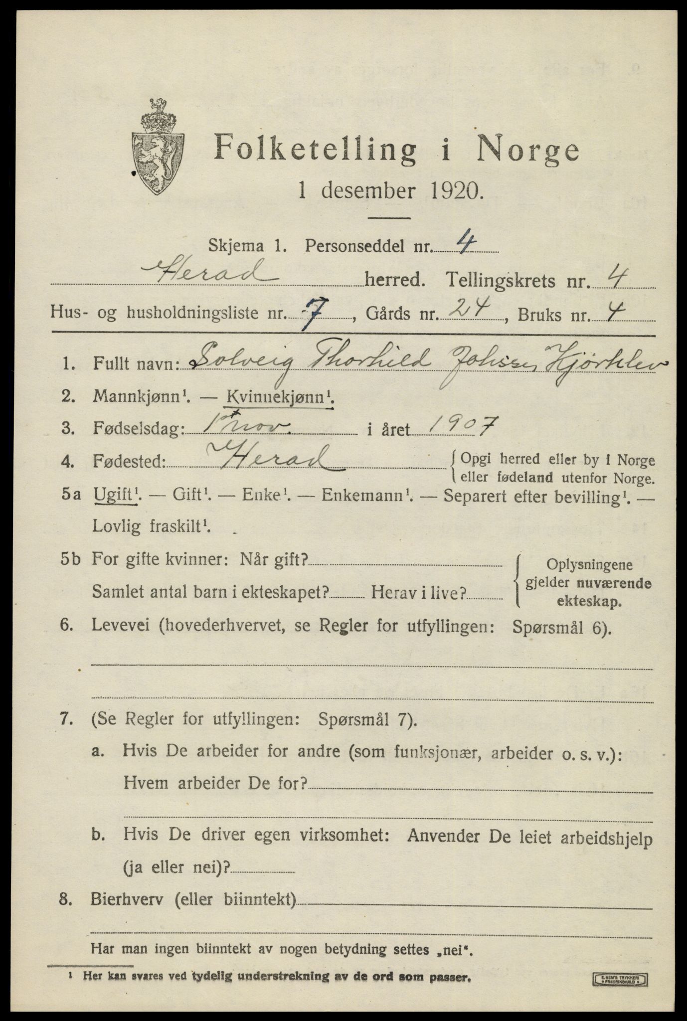 SAK, 1920 census for Herad, 1920, p. 1794
