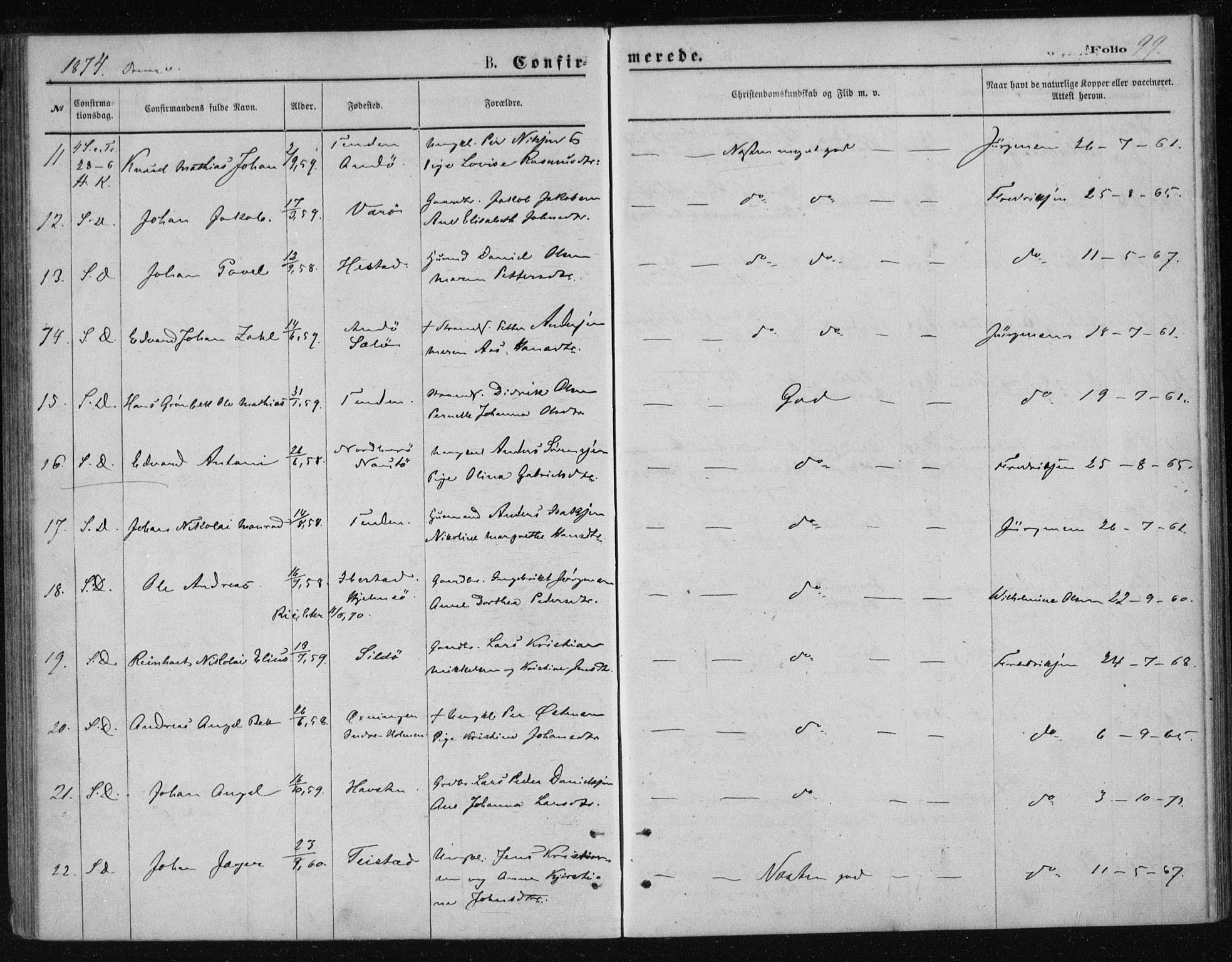 Ministerialprotokoller, klokkerbøker og fødselsregistre - Nordland, AV/SAT-A-1459/834/L0506: Parish register (official) no. 834A04, 1872-1878, p. 99