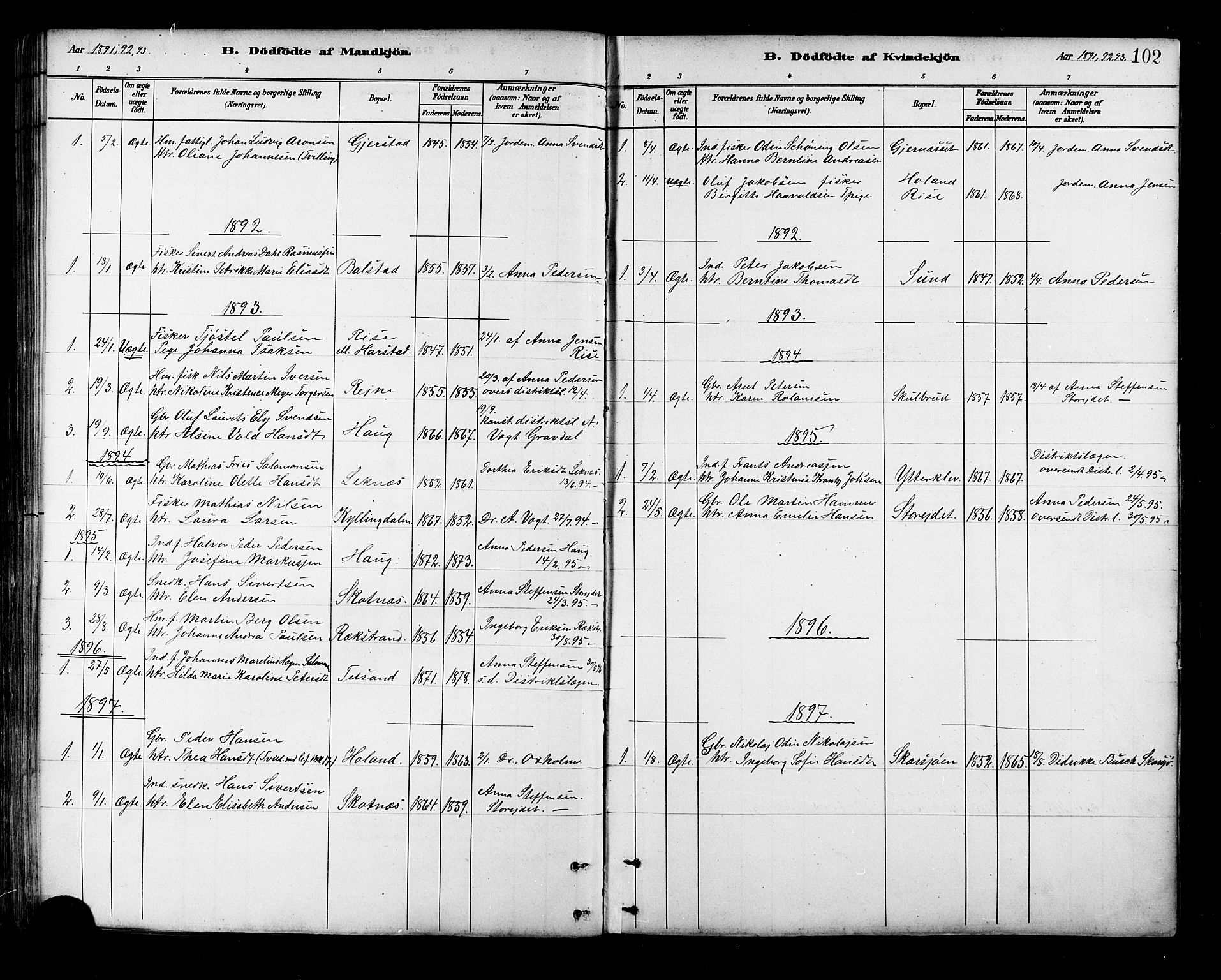 Ministerialprotokoller, klokkerbøker og fødselsregistre - Nordland, SAT/A-1459/881/L1167: Parish register (copy) no. 881C04, 1886-1899, p. 102