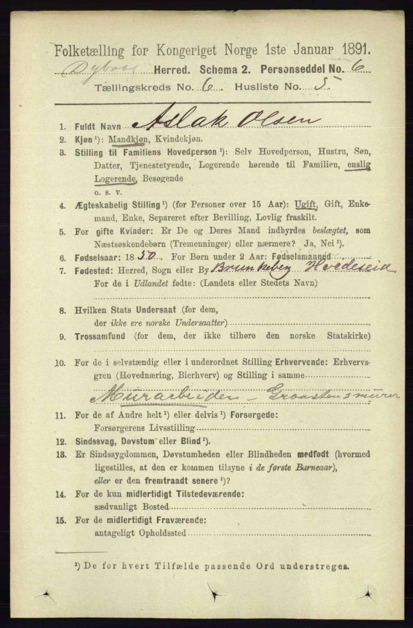 RA, 1891 census for 0915 Dypvåg, 1891, p. 1824