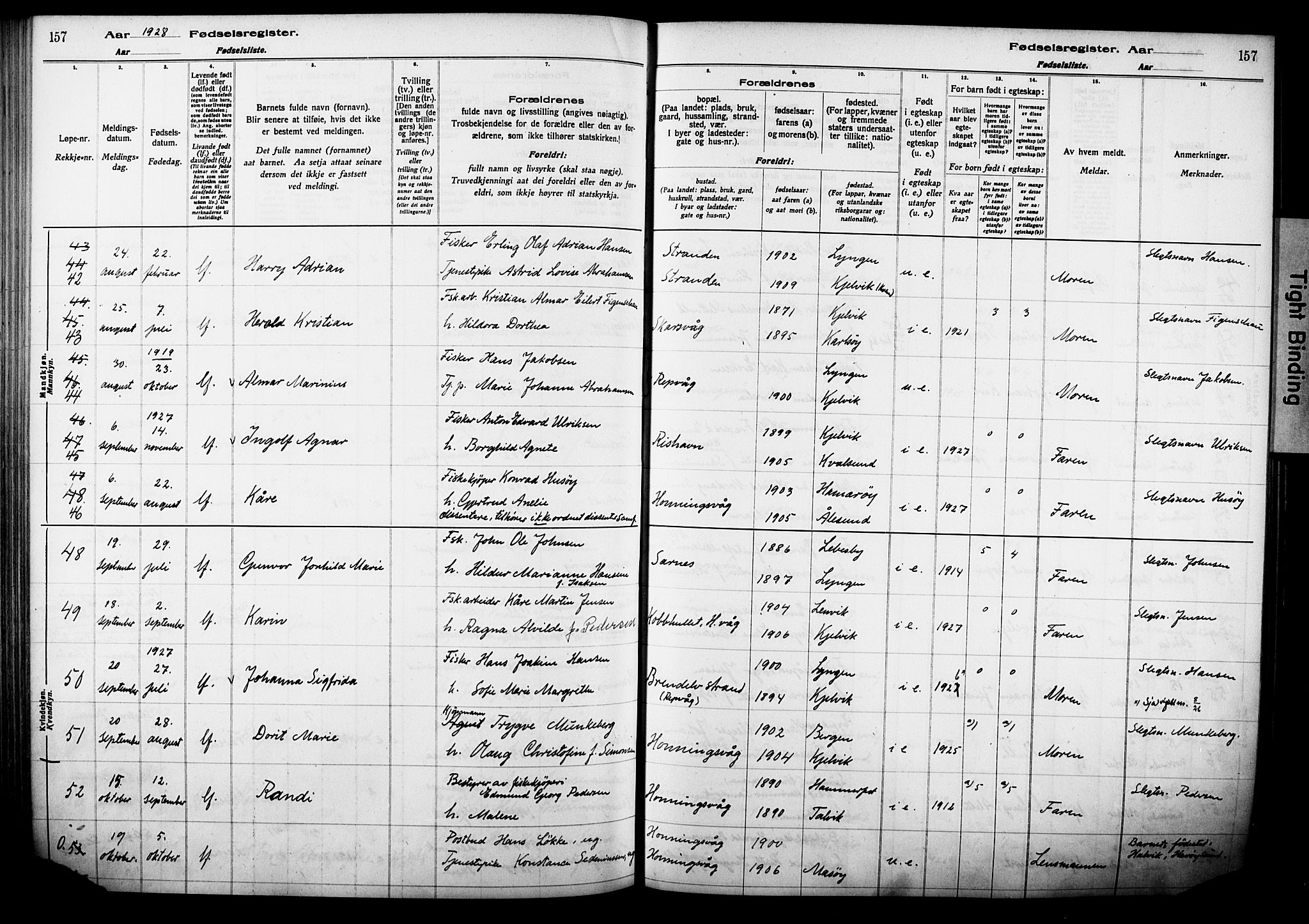 Kjelvik/Nordkapp sokneprestkontor, AV/SATØ-S-1350/I/Ia/L0015: Birth register no. 15, 1916-1930, p. 157