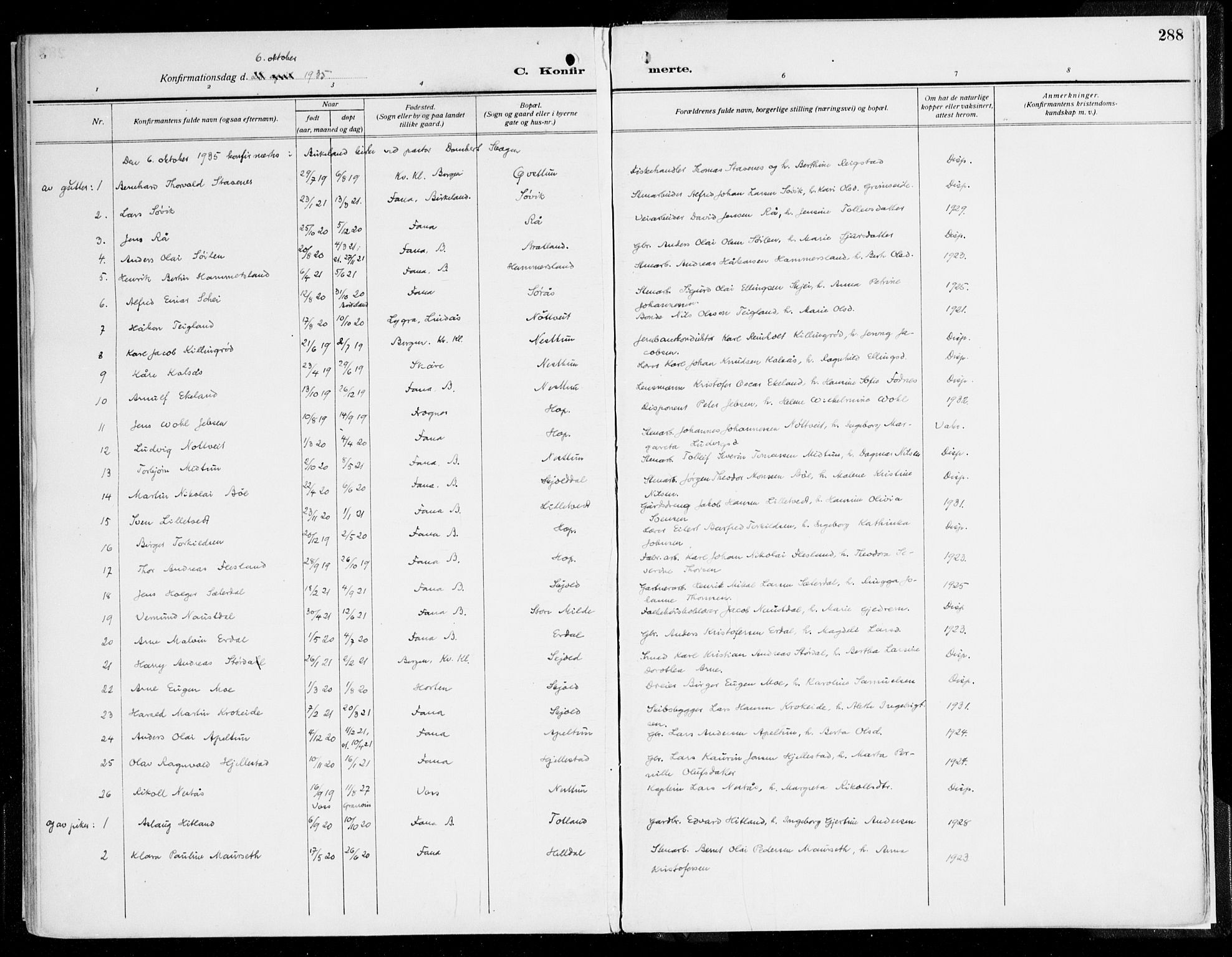 Fana Sokneprestembete, AV/SAB-A-75101/H/Haa/Haaj/L0001: Parish register (official) no. J 1, 1921-1935, p. 288