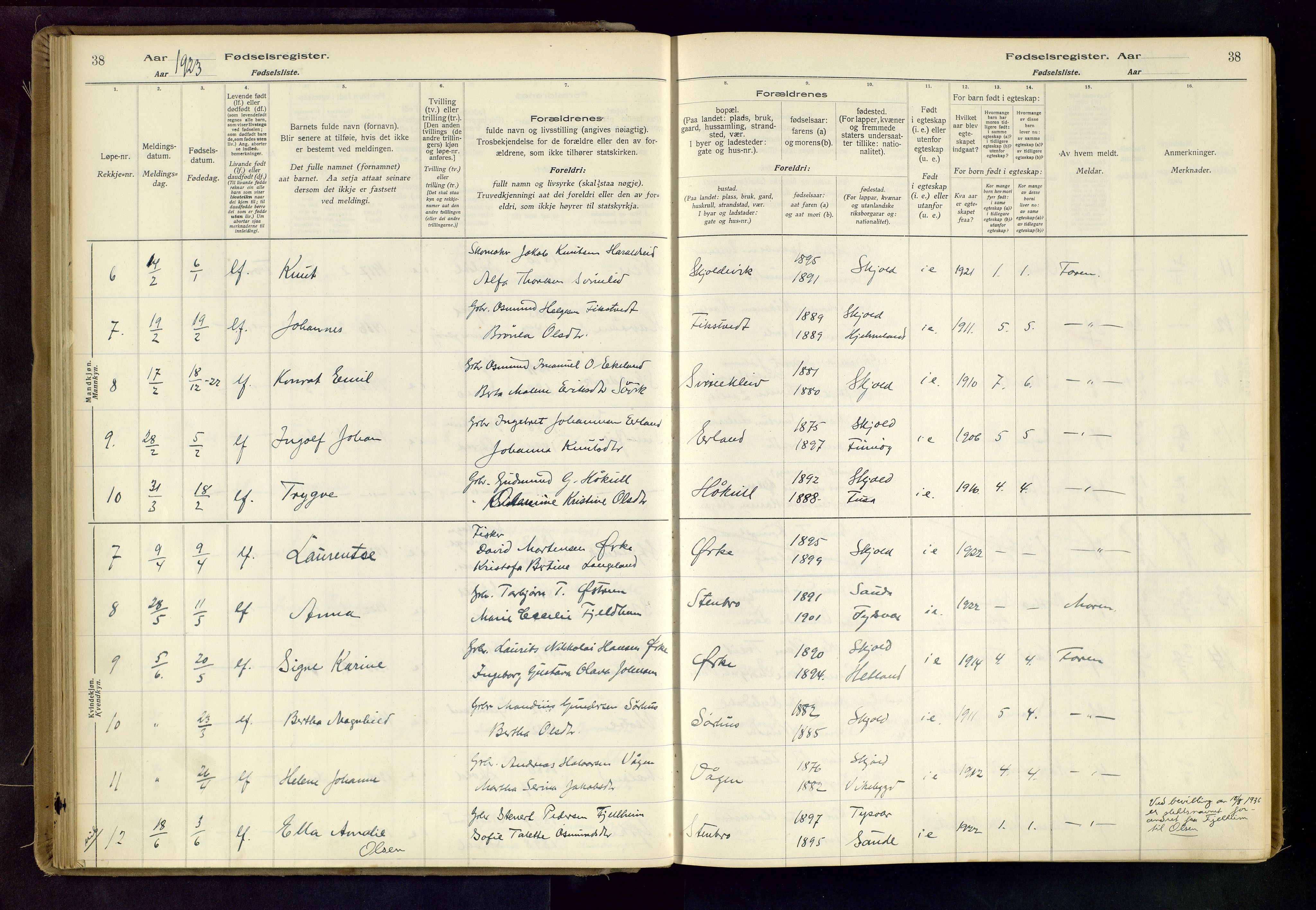 Skjold sokneprestkontor, SAST/A-101847/I/Id/L0001: Birth register no. 1, 1917-1951, p. 38