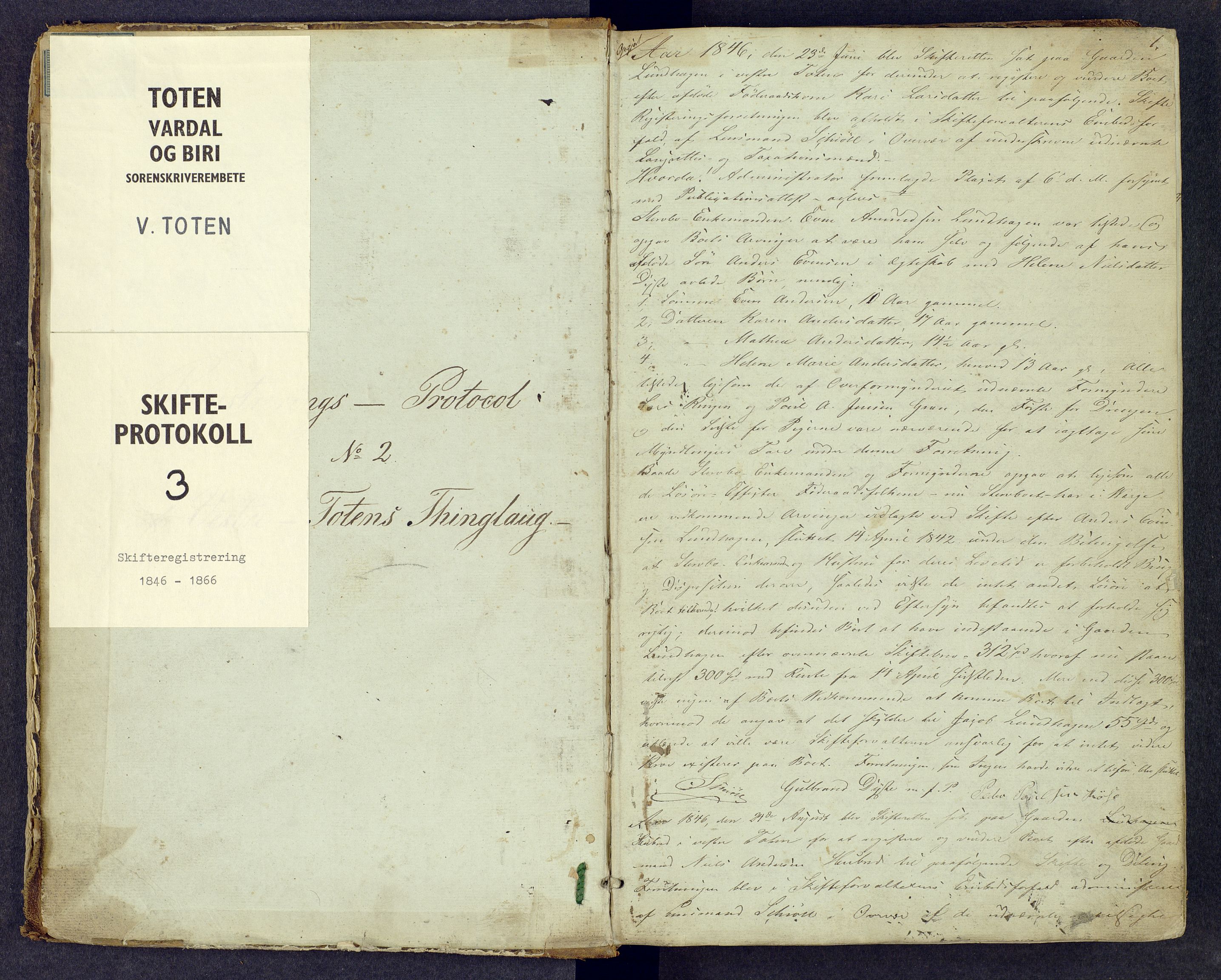 Toten tingrett, SAH/TING-006/J/Jf/L0003: Skifteregistreringsprotokoll - Vestre Toten, 1846-1866, p. 0b-1a
