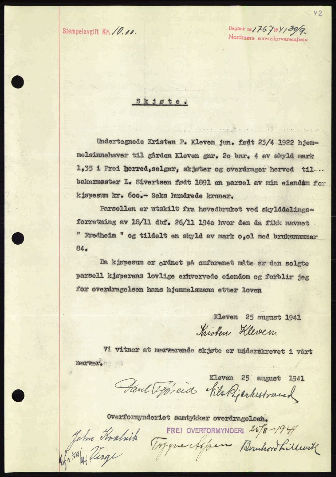 Nordmøre sorenskriveri, AV/SAT-A-4132/1/2/2Ca: Mortgage book no. A91, 1941-1942, Diary no: : 1767/1941