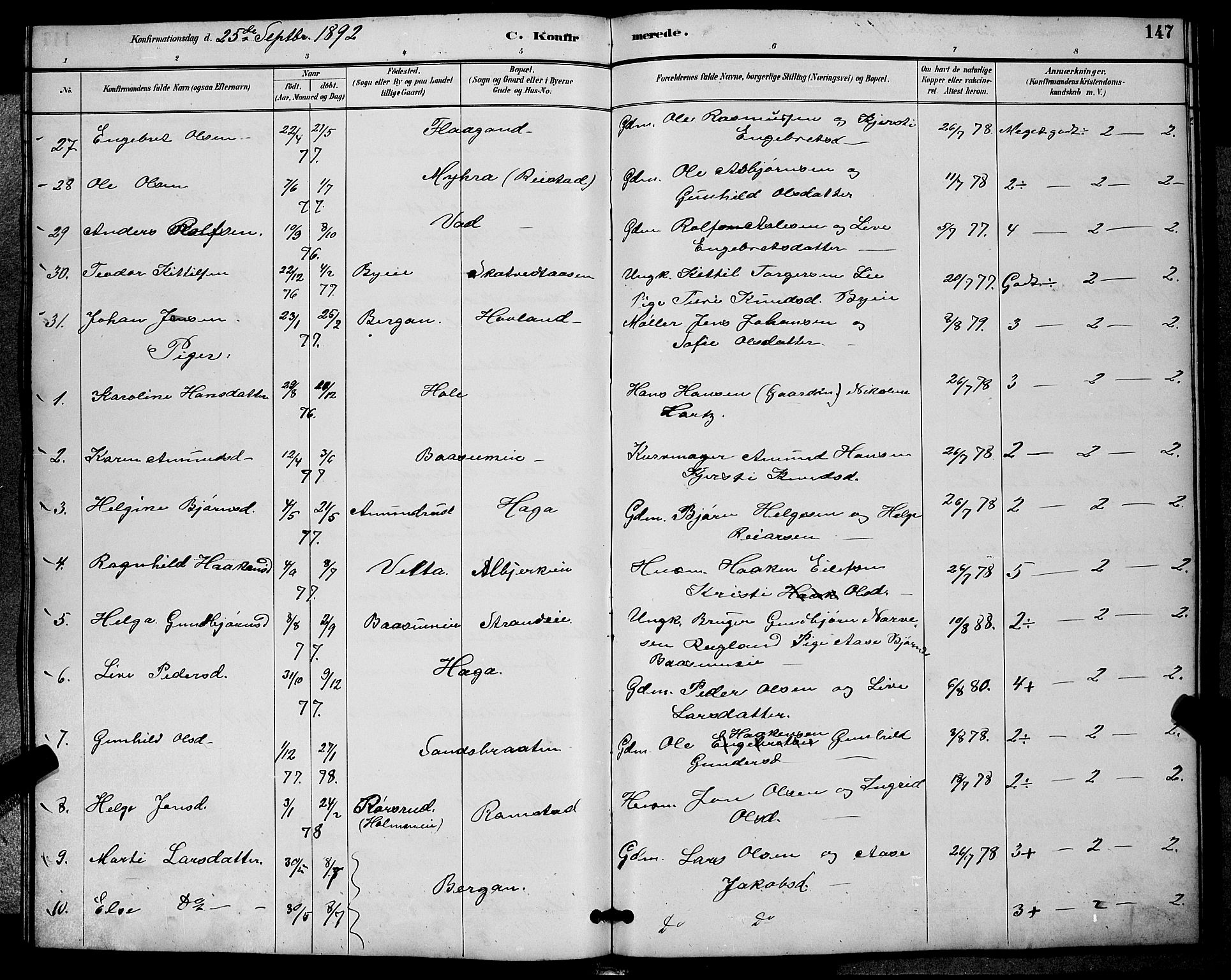 Sigdal kirkebøker, SAKO/A-245/G/Ga/L0005: Parish register (copy) no. I 5, 1886-1900, p. 147