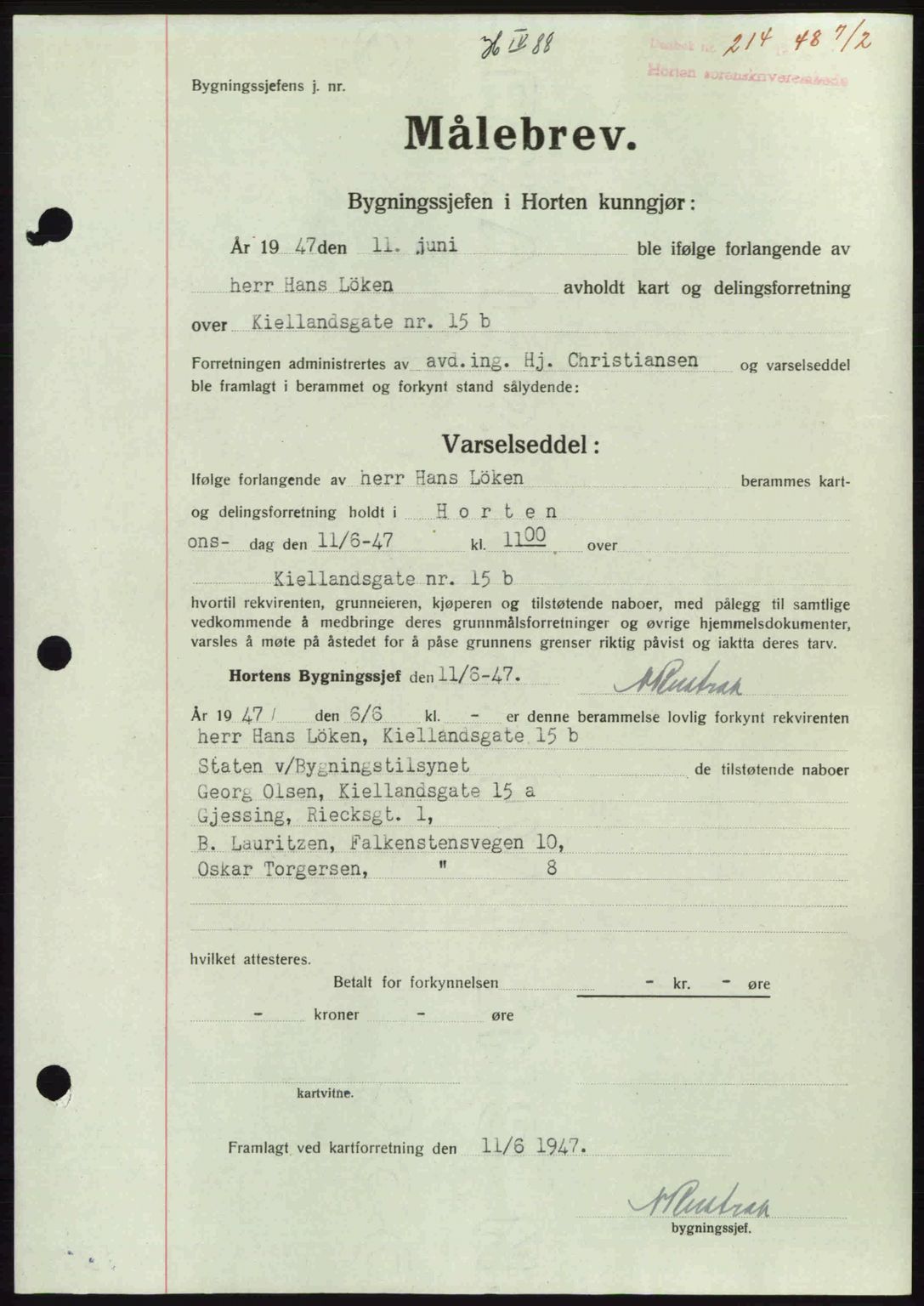 Horten sorenskriveri, AV/SAKO-A-133/G/Ga/Gaa/L0010: Mortgage book no. A-10, 1947-1948, Diary no: : 214/1948