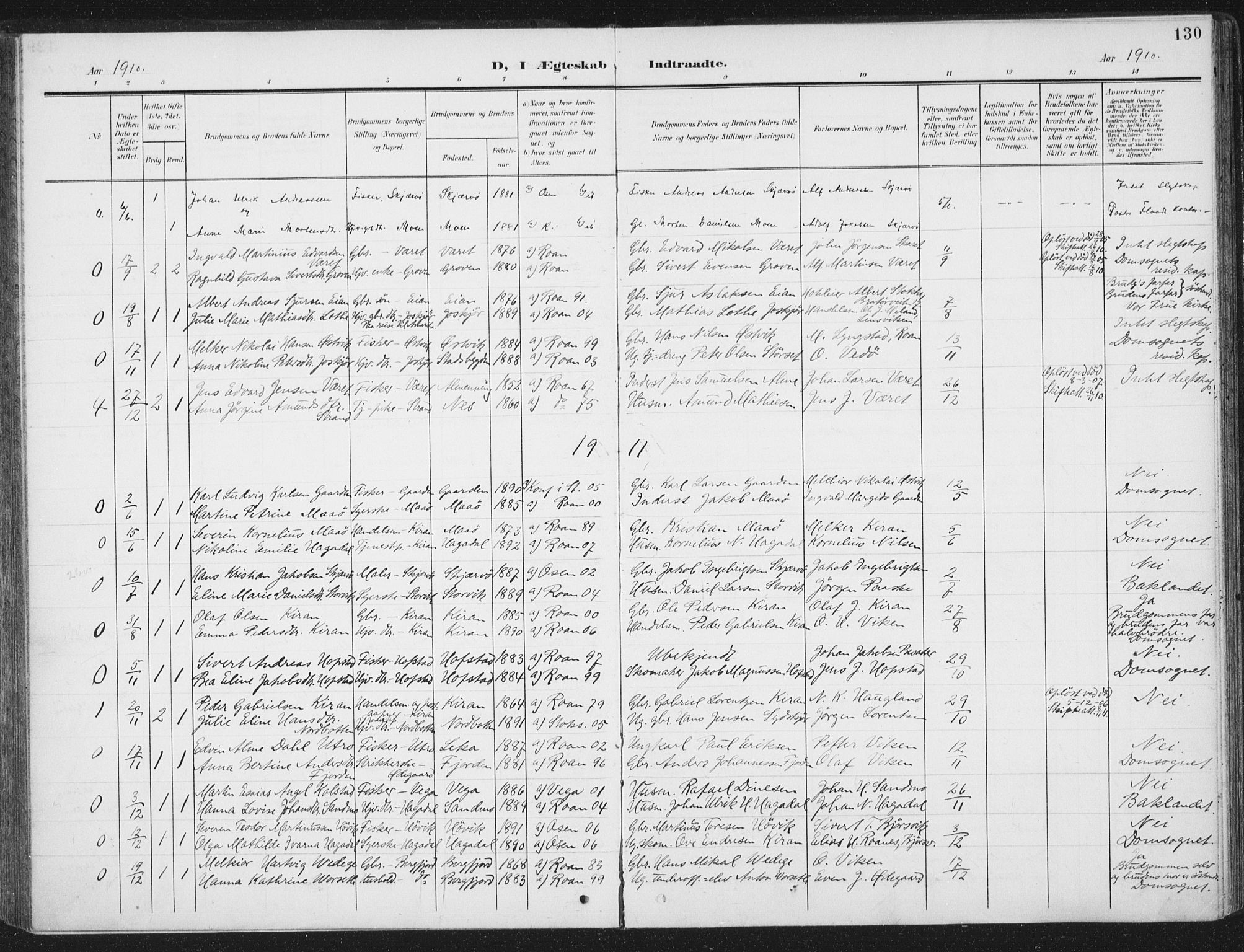 Ministerialprotokoller, klokkerbøker og fødselsregistre - Sør-Trøndelag, SAT/A-1456/657/L0709: Parish register (official) no. 657A10, 1905-1919, p. 130