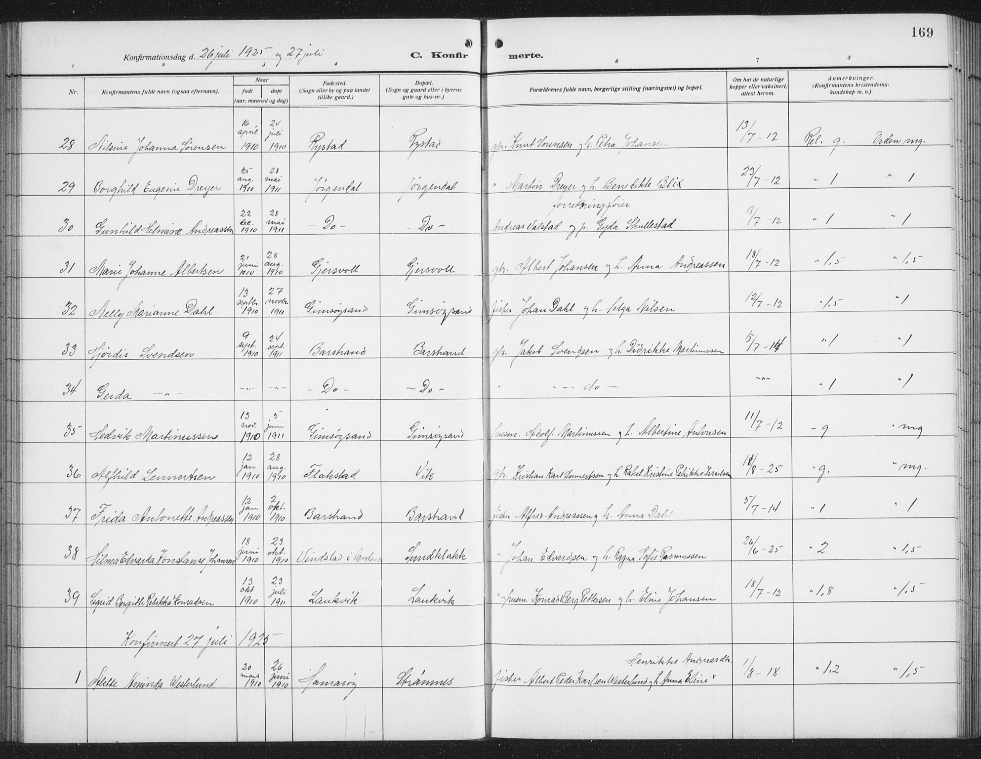 Ministerialprotokoller, klokkerbøker og fødselsregistre - Nordland, AV/SAT-A-1459/876/L1106: Parish register (copy) no. 876C05, 1915-1942, p. 169