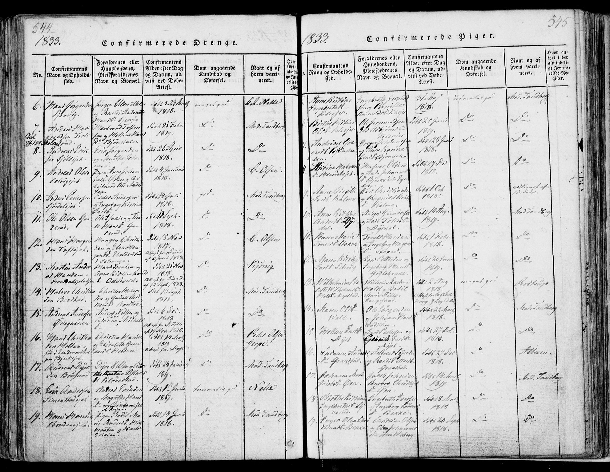Sande Kirkebøker, SAKO/A-53/F/Fa/L0003: Parish register (official) no. 3, 1814-1847, p. 544-545