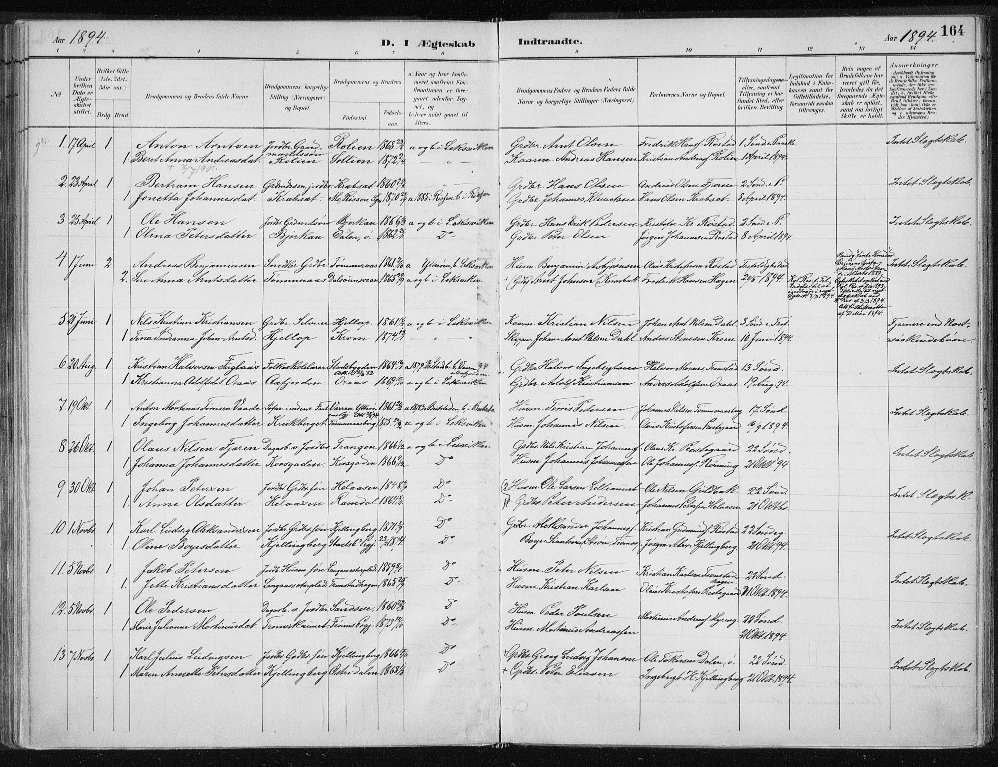 Ministerialprotokoller, klokkerbøker og fødselsregistre - Nord-Trøndelag, AV/SAT-A-1458/701/L0010: Parish register (official) no. 701A10, 1883-1899, p. 164