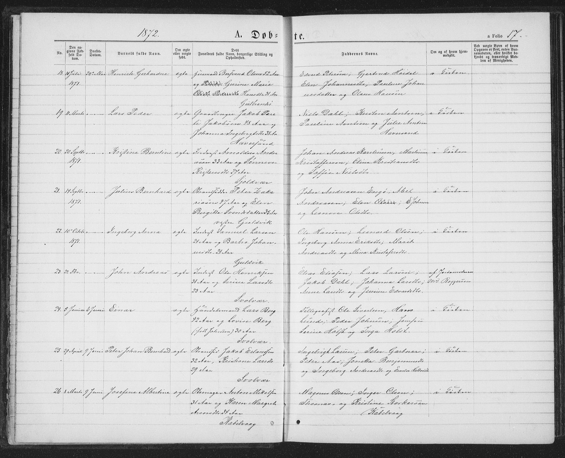 Ministerialprotokoller, klokkerbøker og fødselsregistre - Nordland, SAT/A-1459/874/L1074: Parish register (copy) no. 874C03, 1870-1876, p. 17