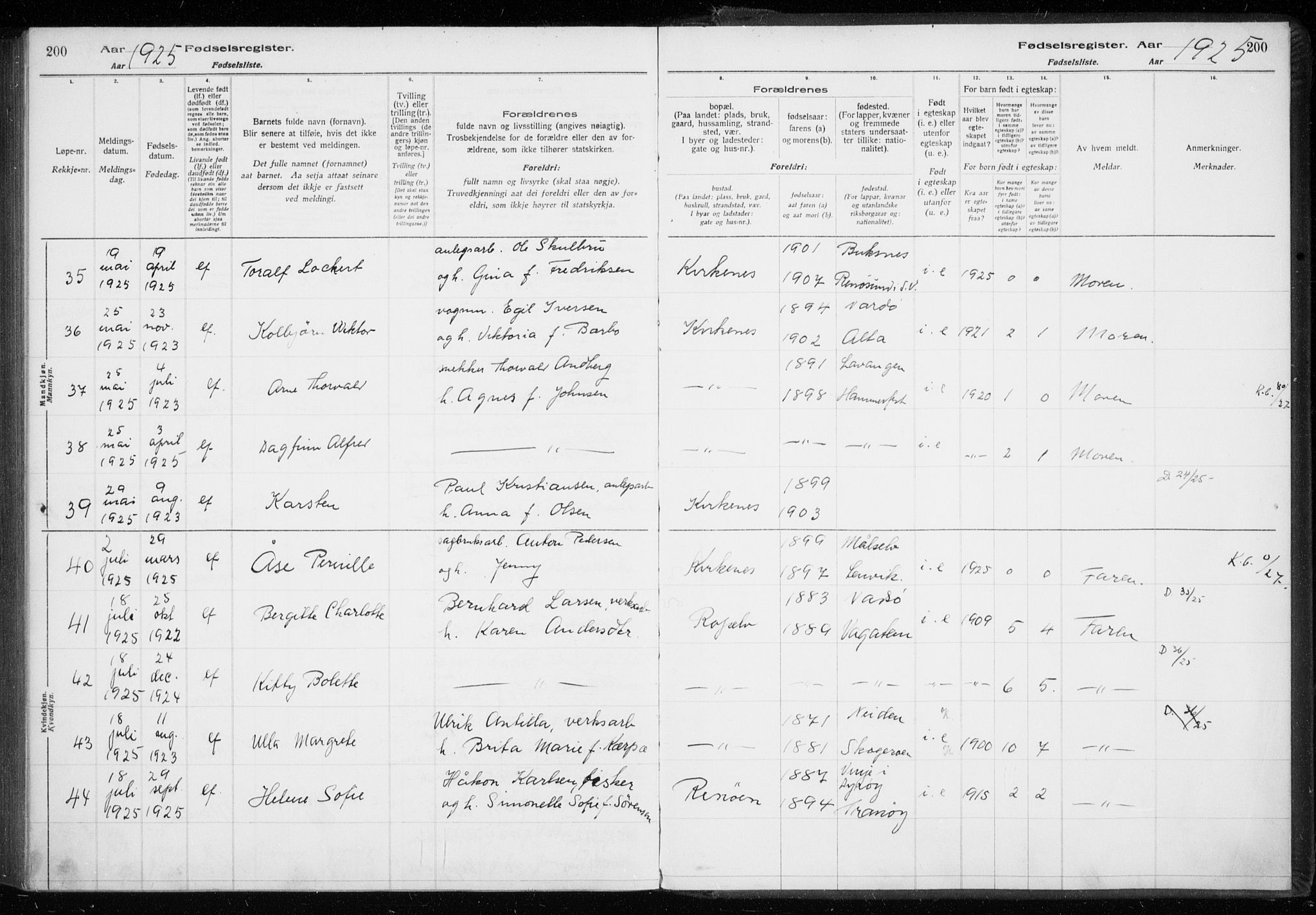 Sør-Varanger sokneprestkontor, AV/SATØ-S-1331/I/Ia/L0016: Birth register no. 16, 1915-1925, p. 200