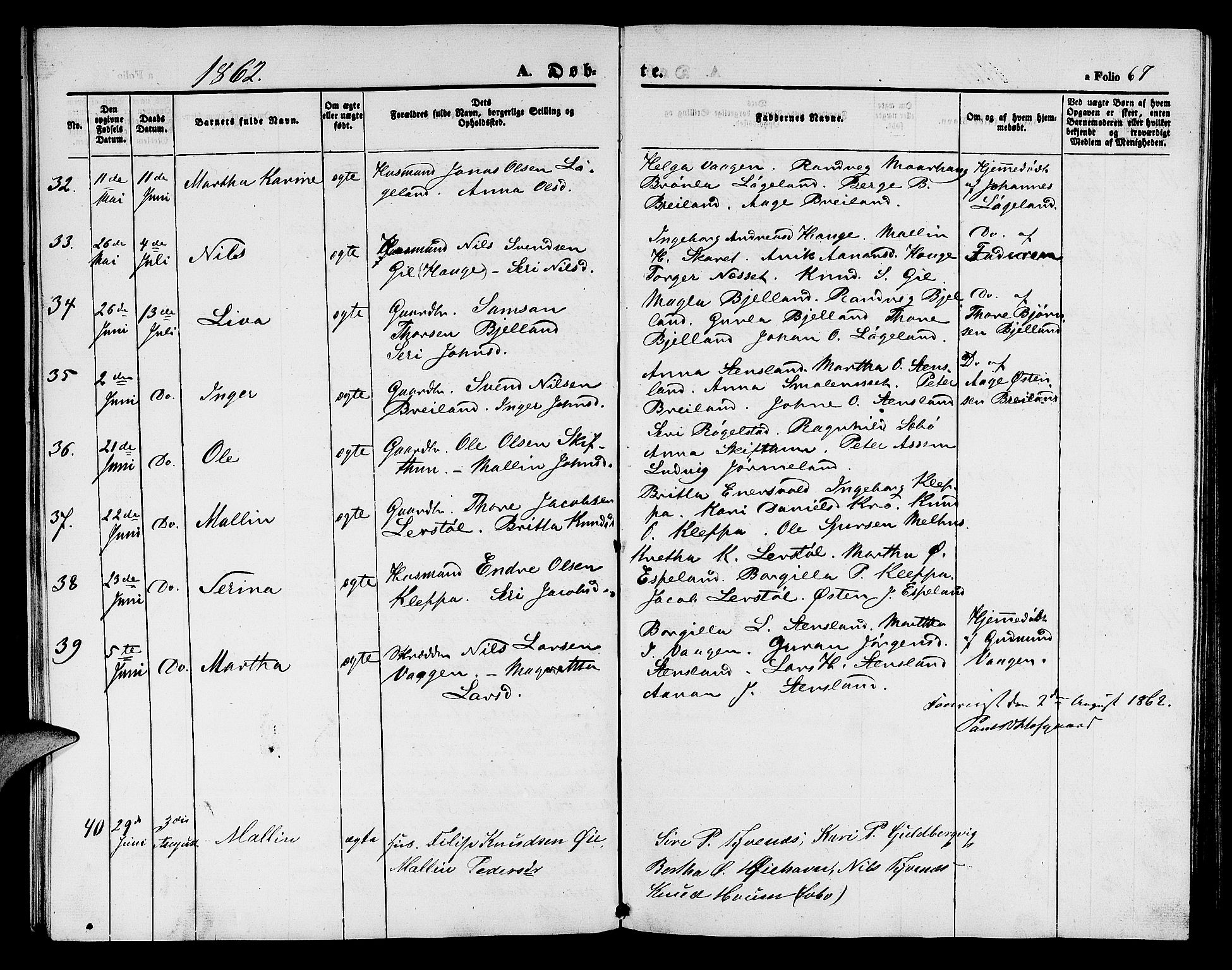 Hjelmeland sokneprestkontor, AV/SAST-A-101843/01/V/L0004: Parish register (copy) no. B 4, 1853-1883, p. 67