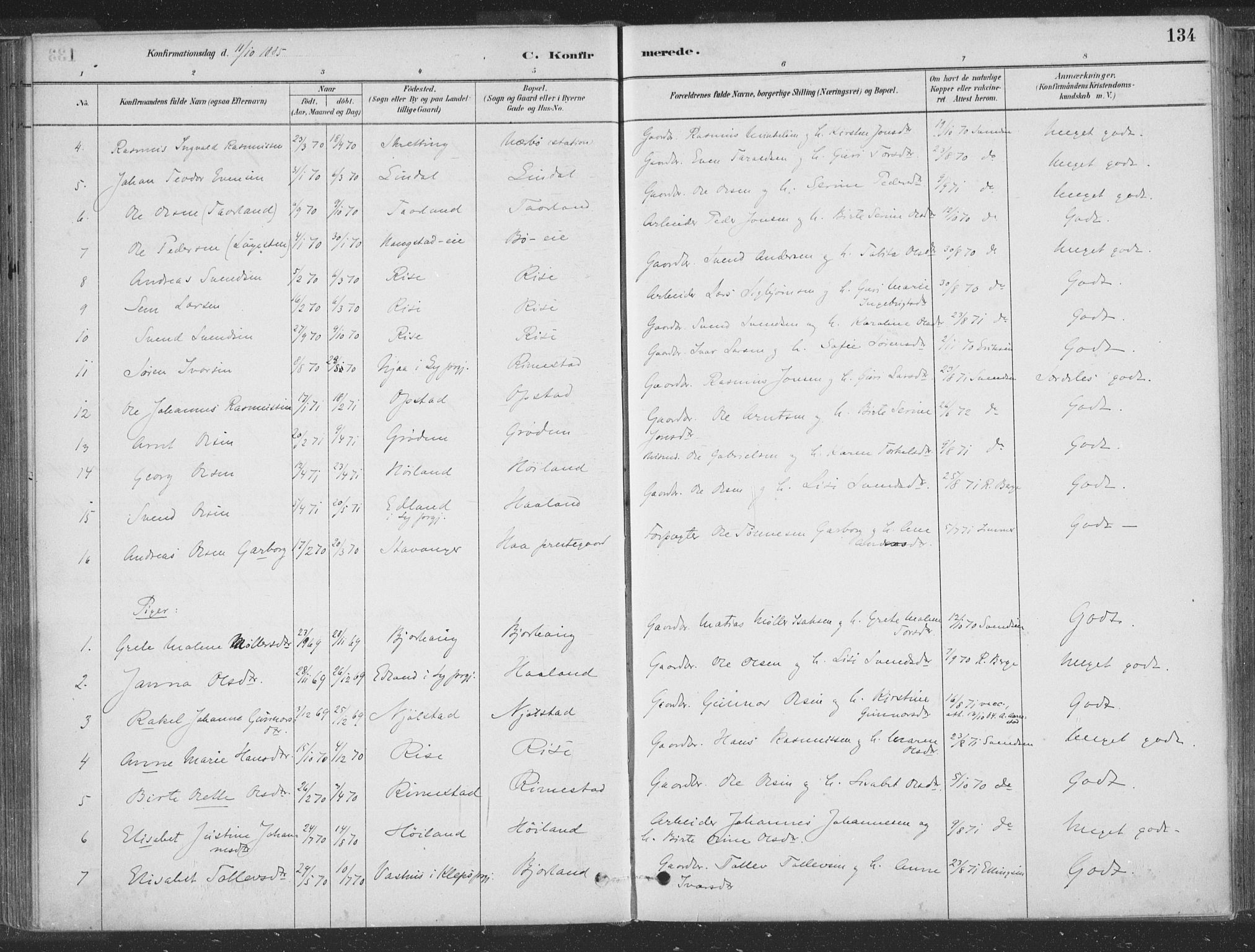 Hå sokneprestkontor, AV/SAST-A-101801/001/30BA/L0010: Parish register (official) no. A 9, 1879-1896, p. 134