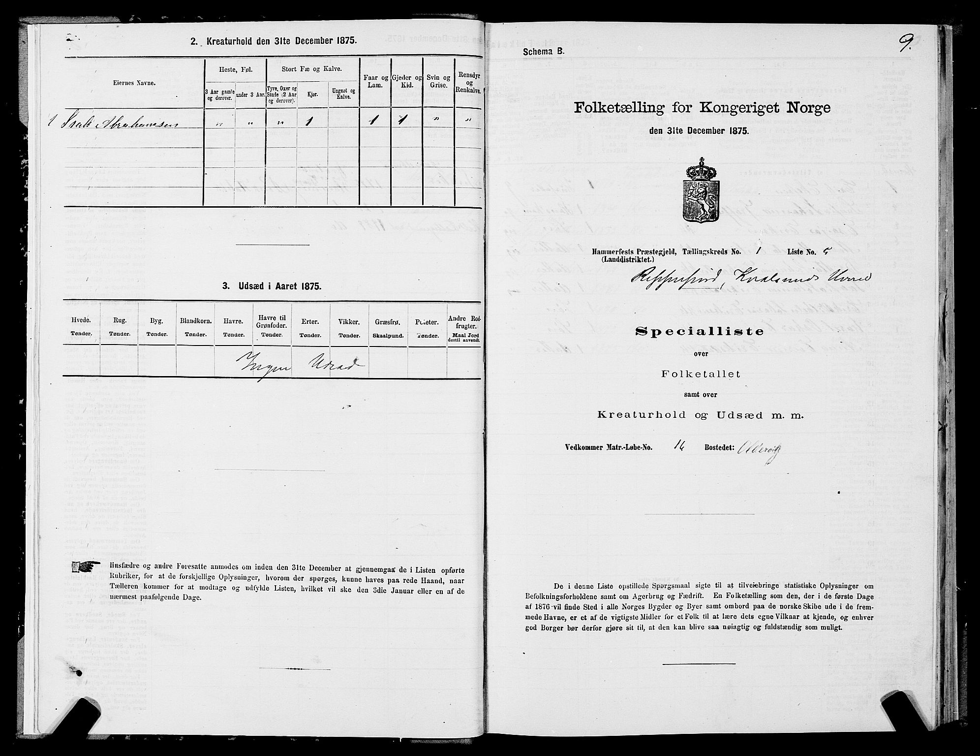 SATØ, 1875 census for 2016L Hammerfest/Hammerfest og Kvalsund, 1875, p. 2009