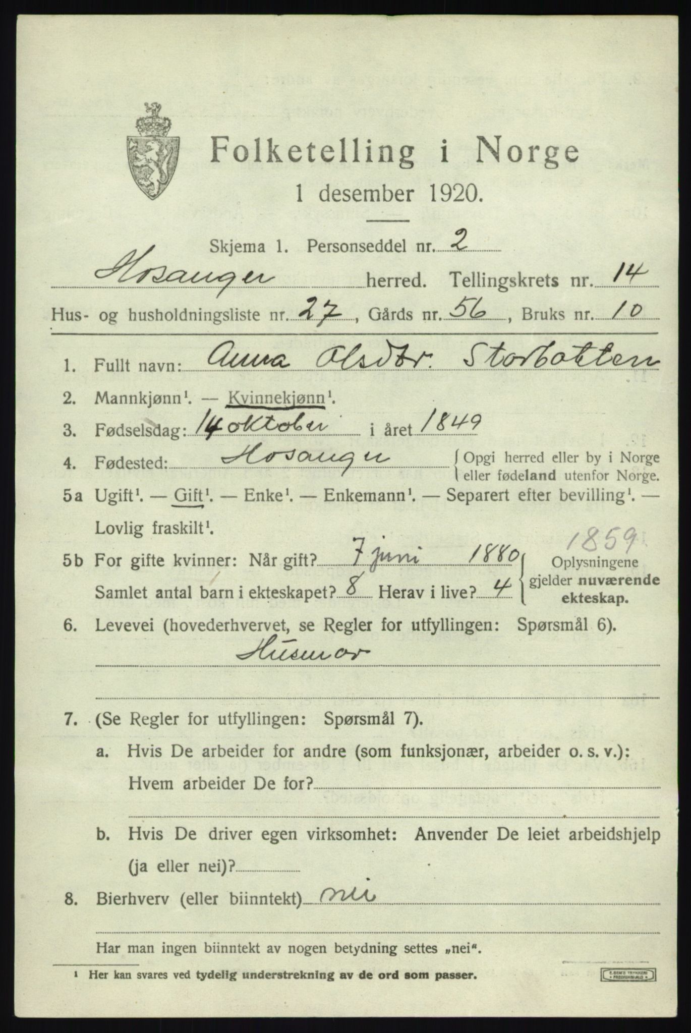SAB, 1920 census for Hosanger, 1920, p. 5839