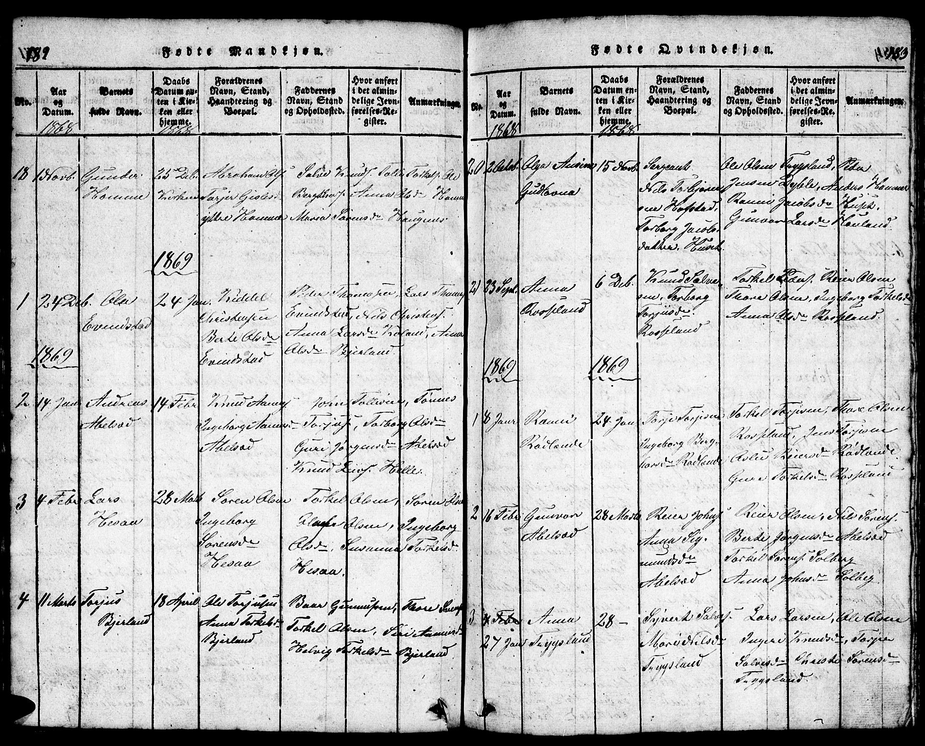 Bjelland sokneprestkontor, SAK/1111-0005/F/Fb/Fba/L0003: Parish register (copy) no. B 3, 1816-1870, p. 182-183