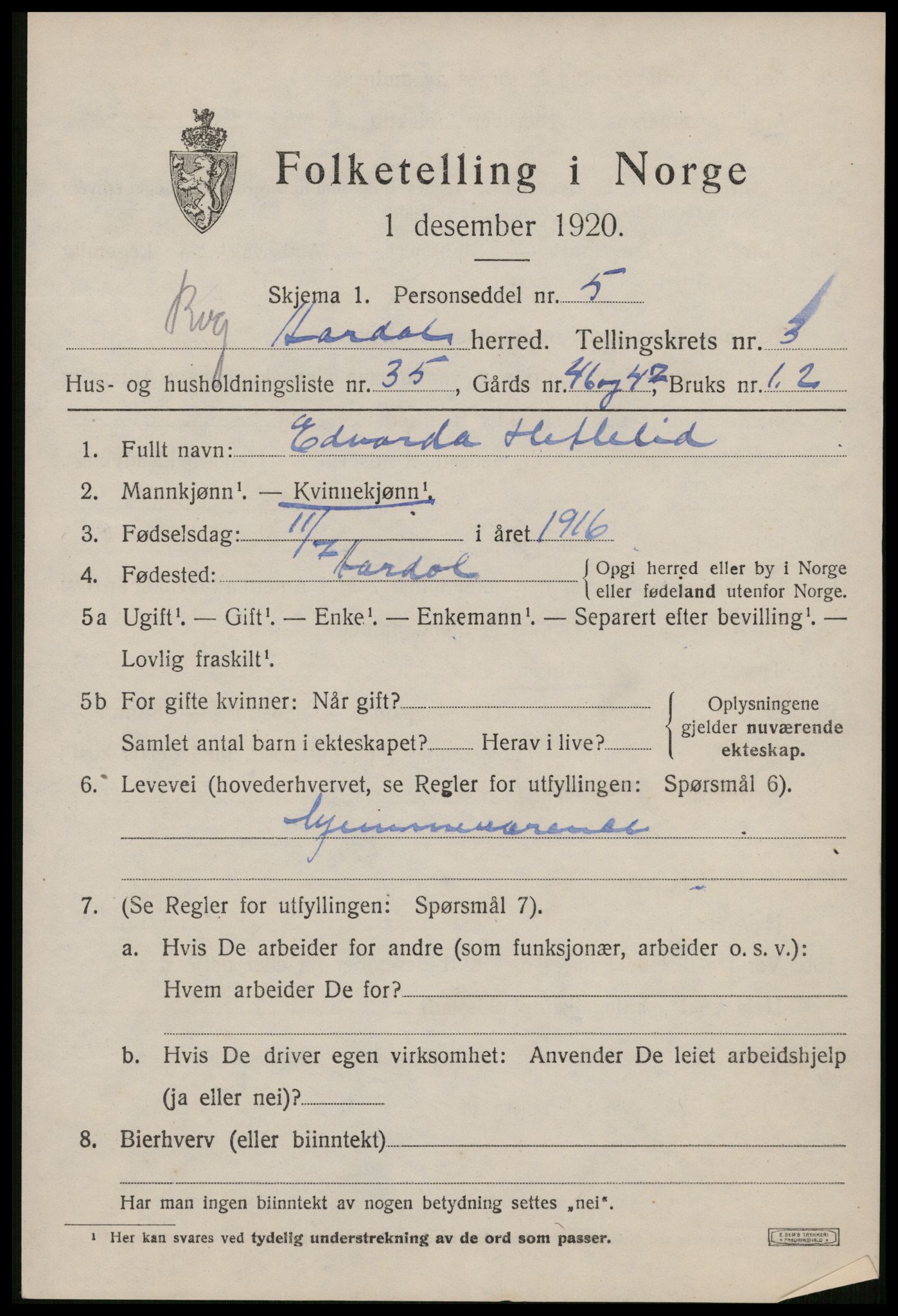 SAST, 1920 census for Årdal, 1920, p. 1170