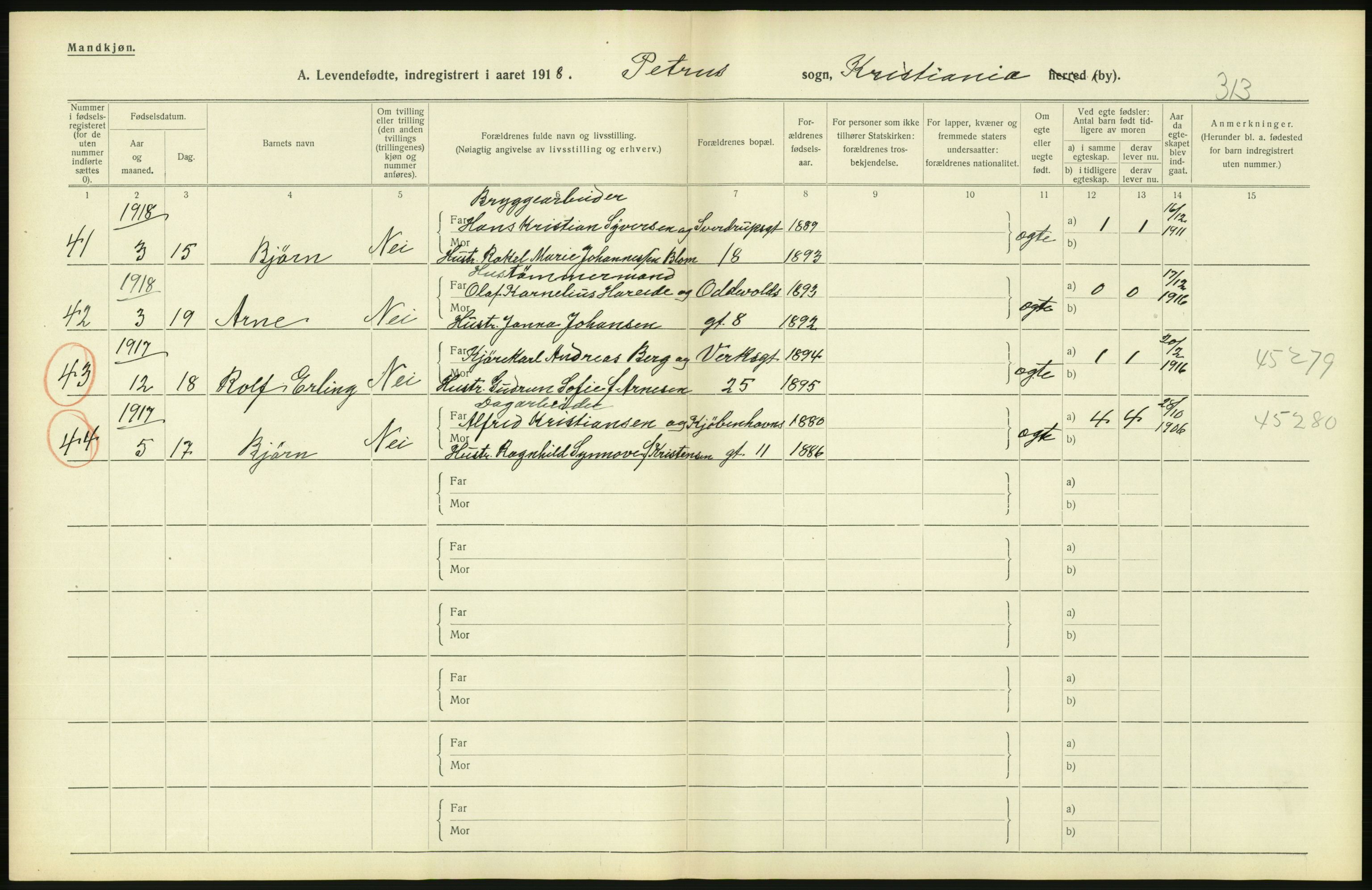 Statistisk sentralbyrå, Sosiodemografiske emner, Befolkning, AV/RA-S-2228/D/Df/Dfb/Dfbh/L0008: Kristiania: Levendefødte menn og kvinner., 1918, p. 594