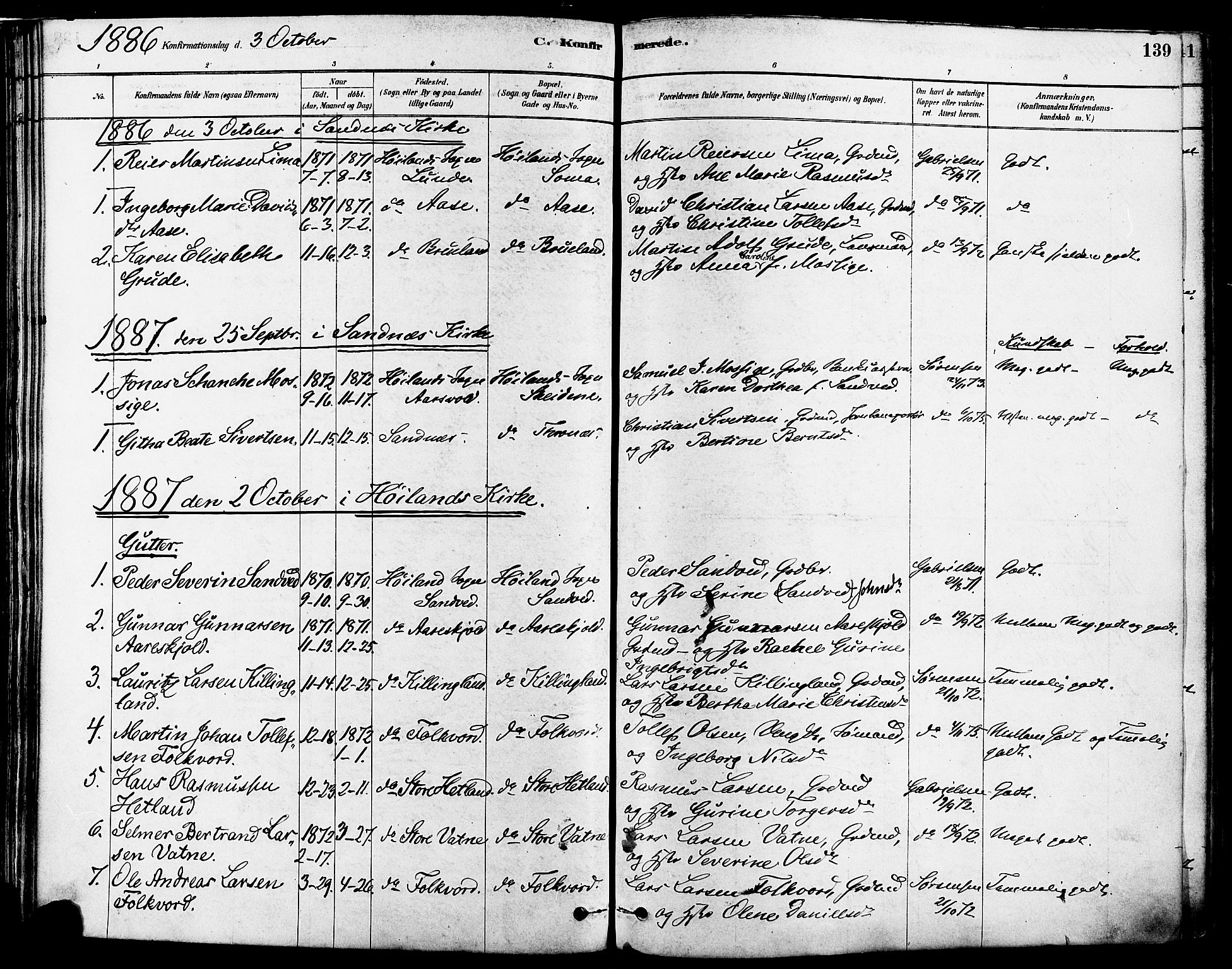 Høyland sokneprestkontor, SAST/A-101799/001/30BA/L0011: Parish register (official) no. A 10, 1878-1888, p. 139