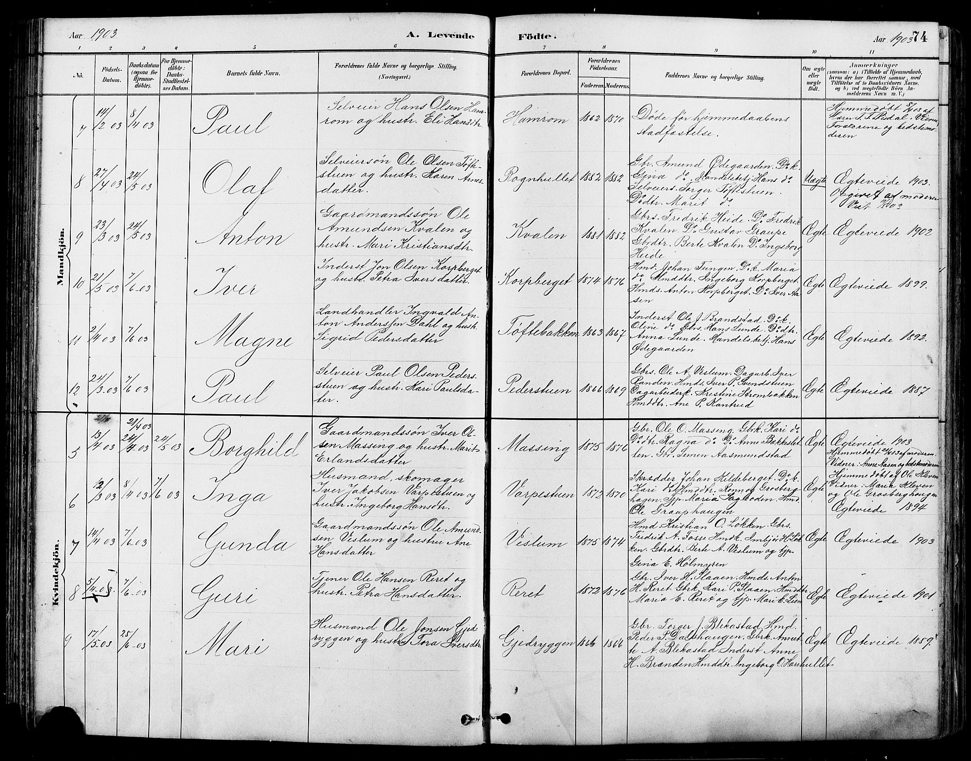 Nord-Fron prestekontor, SAH/PREST-080/H/Ha/Hab/L0005: Parish register (copy) no. 5, 1884-1914, p. 74