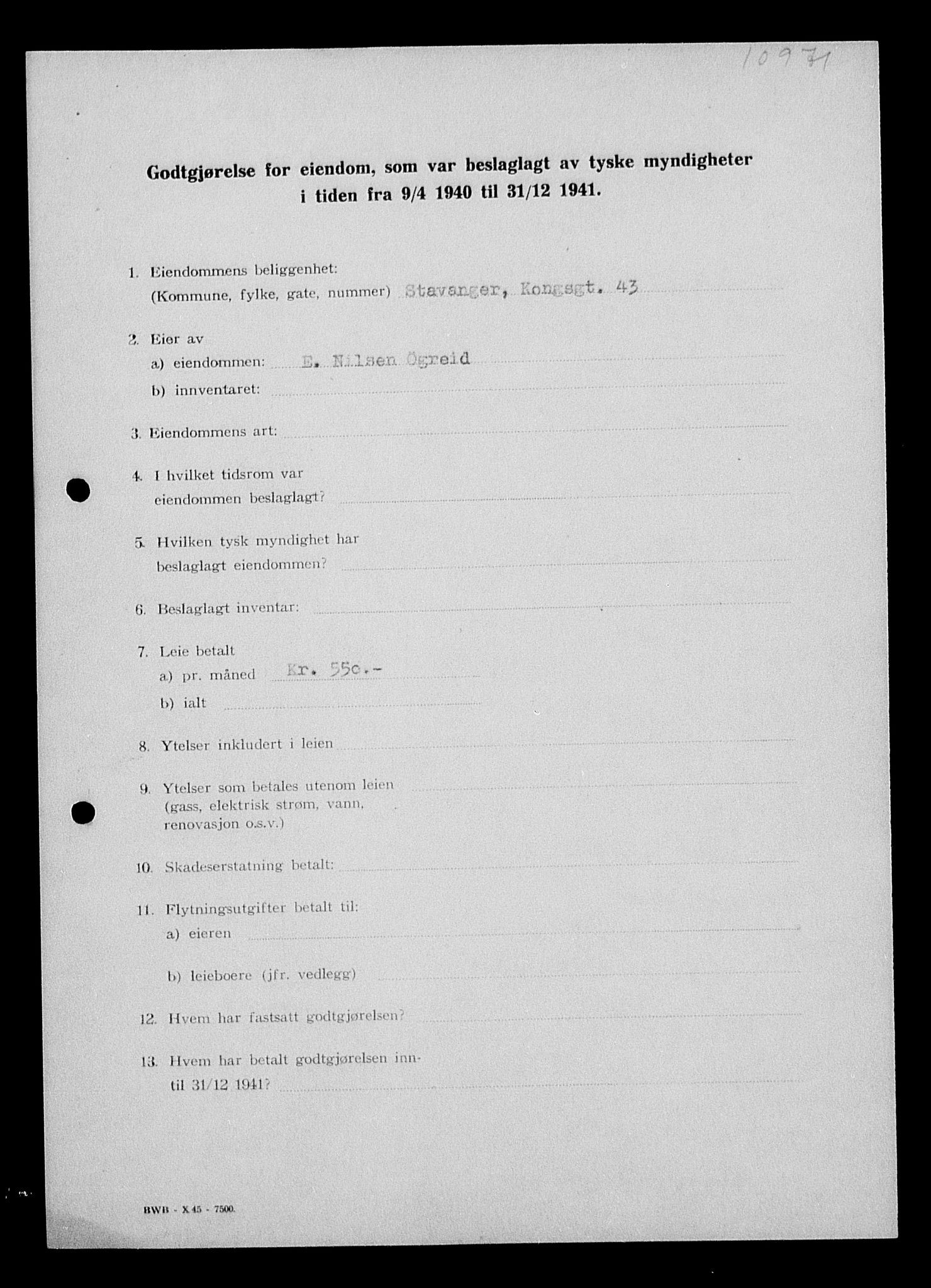 Justisdepartementet, Tilbakeføringskontoret for inndratte formuer, RA/S-1564/I/L1014: Godtgjørelse for beslaglagt eiendom, 1940-1941, p. 156