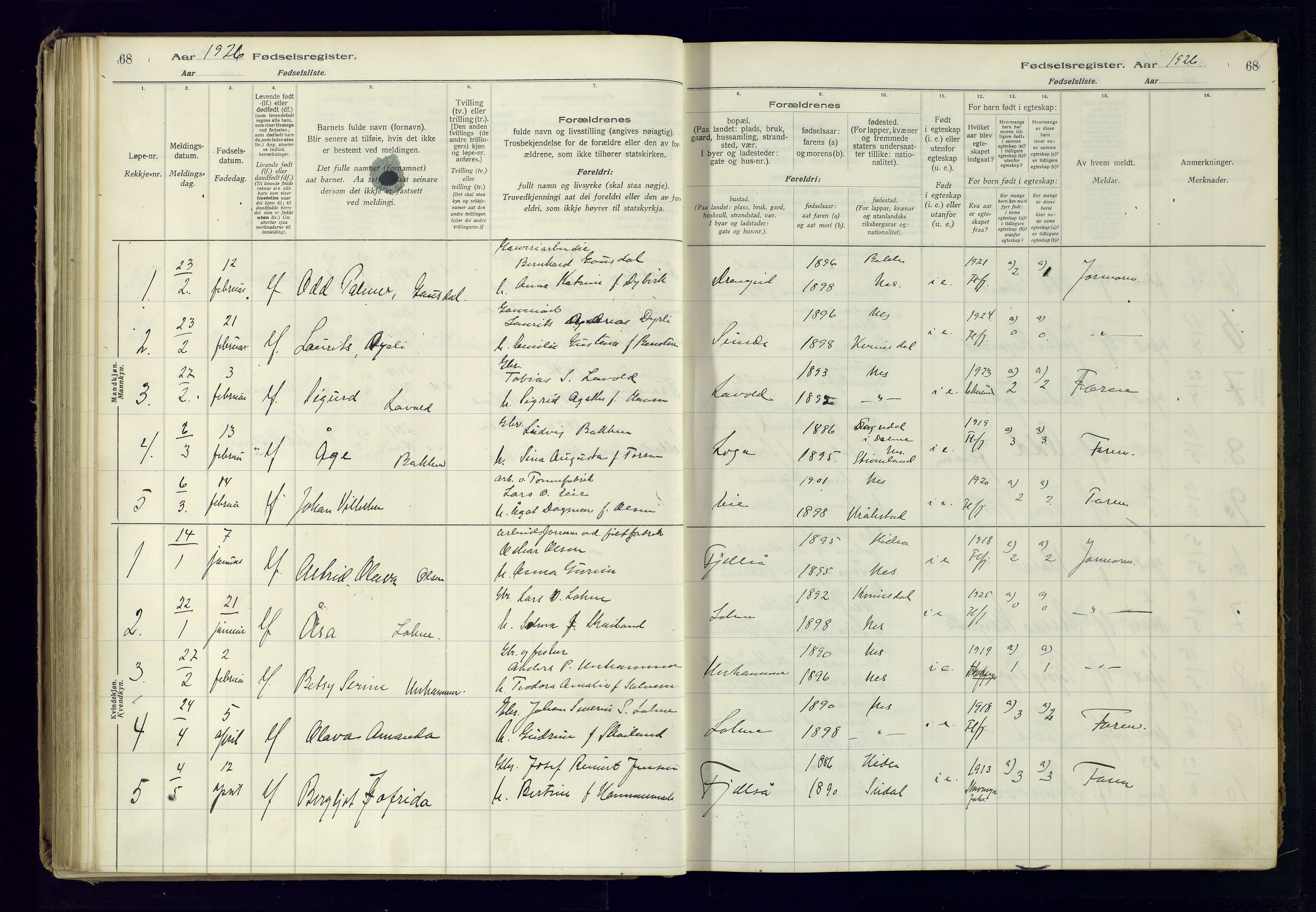 Flekkefjord sokneprestkontor, AV/SAK-1111-0012/J/Ja/L0005: Birth register no. 5, 1916-1950, p. 68