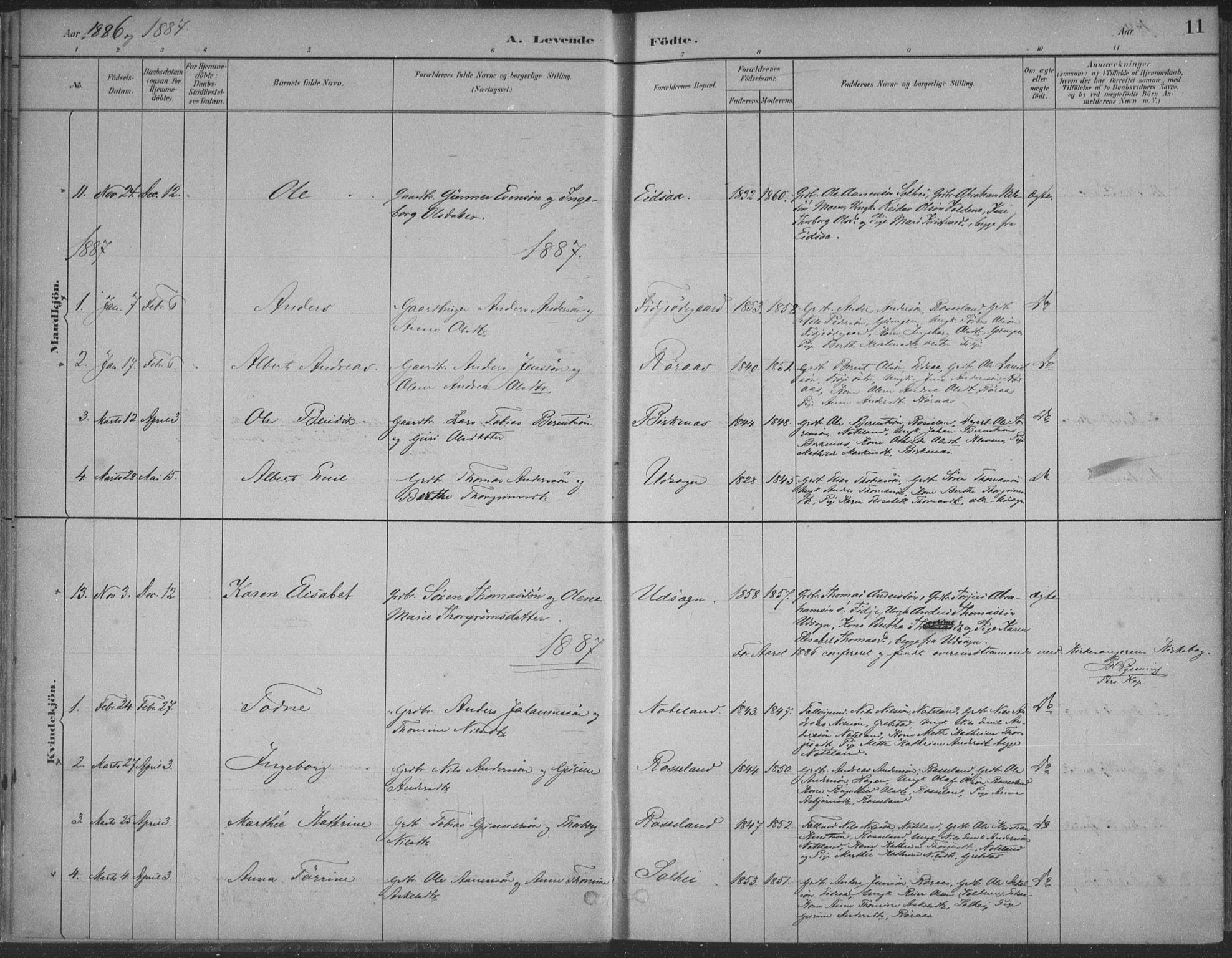 Søgne sokneprestkontor, SAK/1111-0037/F/Fa/Faa/L0003: Parish register (official) no. A 3, 1883-1910, p. 11