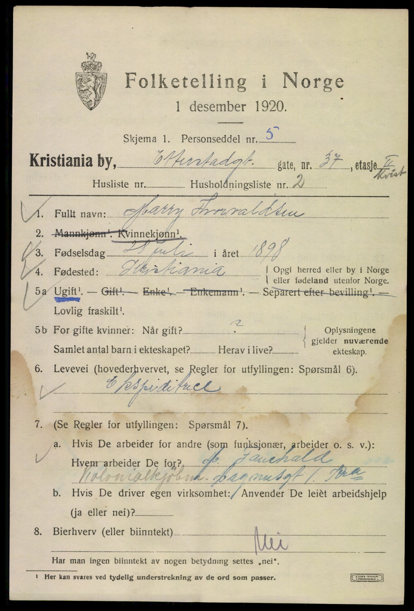 SAO, 1920 census for Kristiania, 1920, p. 223813