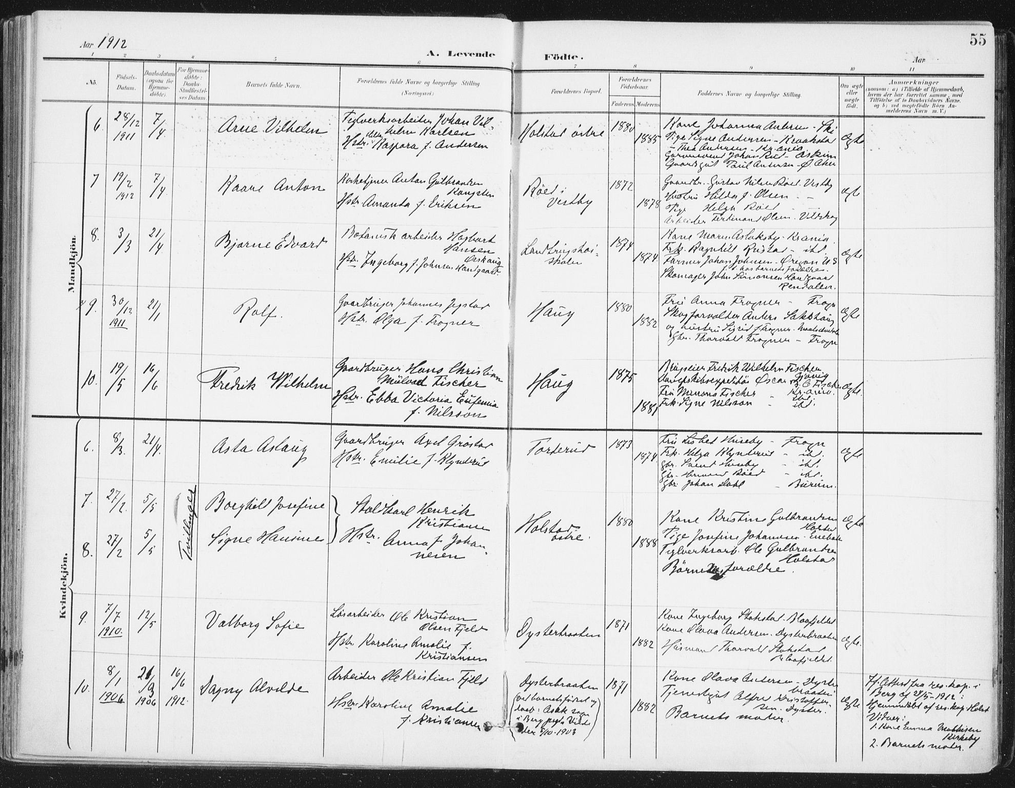 Ås prestekontor Kirkebøker, AV/SAO-A-10894/F/Fa/L0010: Parish register (official) no. I 10, 1900-1918, p. 55