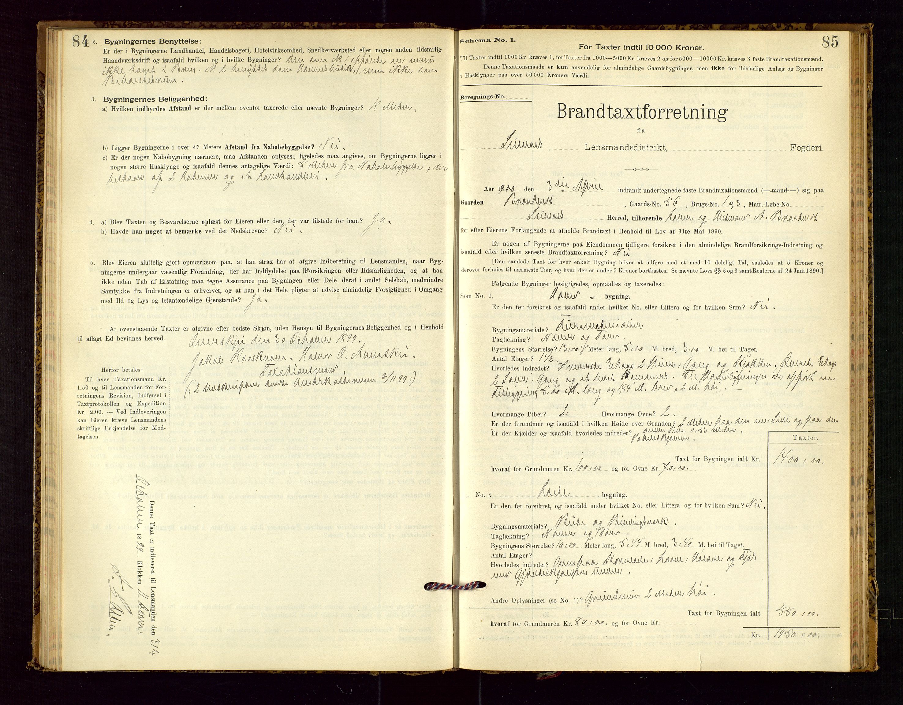 Suldal lensmannskontor, SAST/A-100419/Gob/L0001: "Brandtaxationsprotokol", 1894-1923, p. 84-85