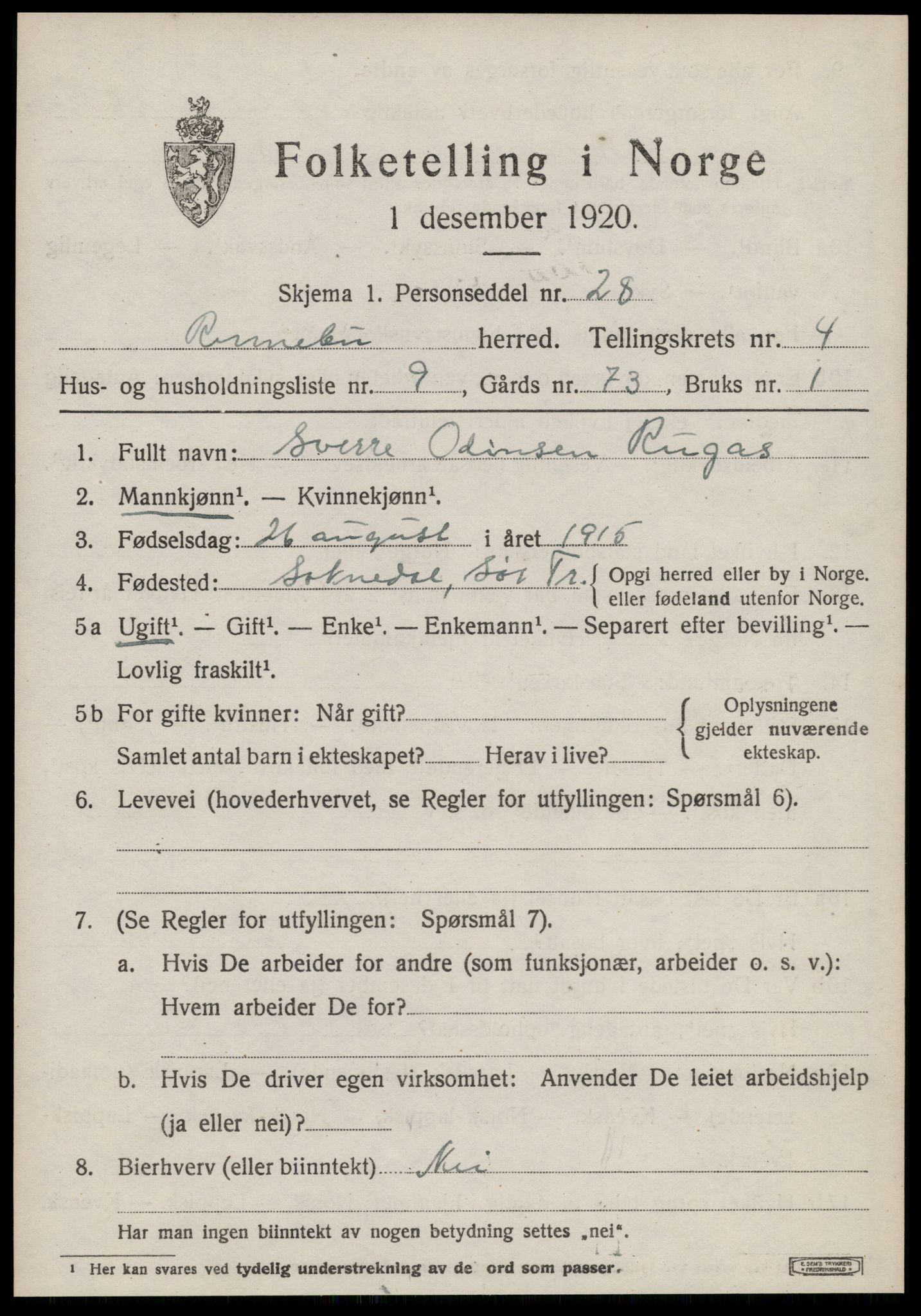 SAT, 1920 census for Rennebu, 1920, p. 2704