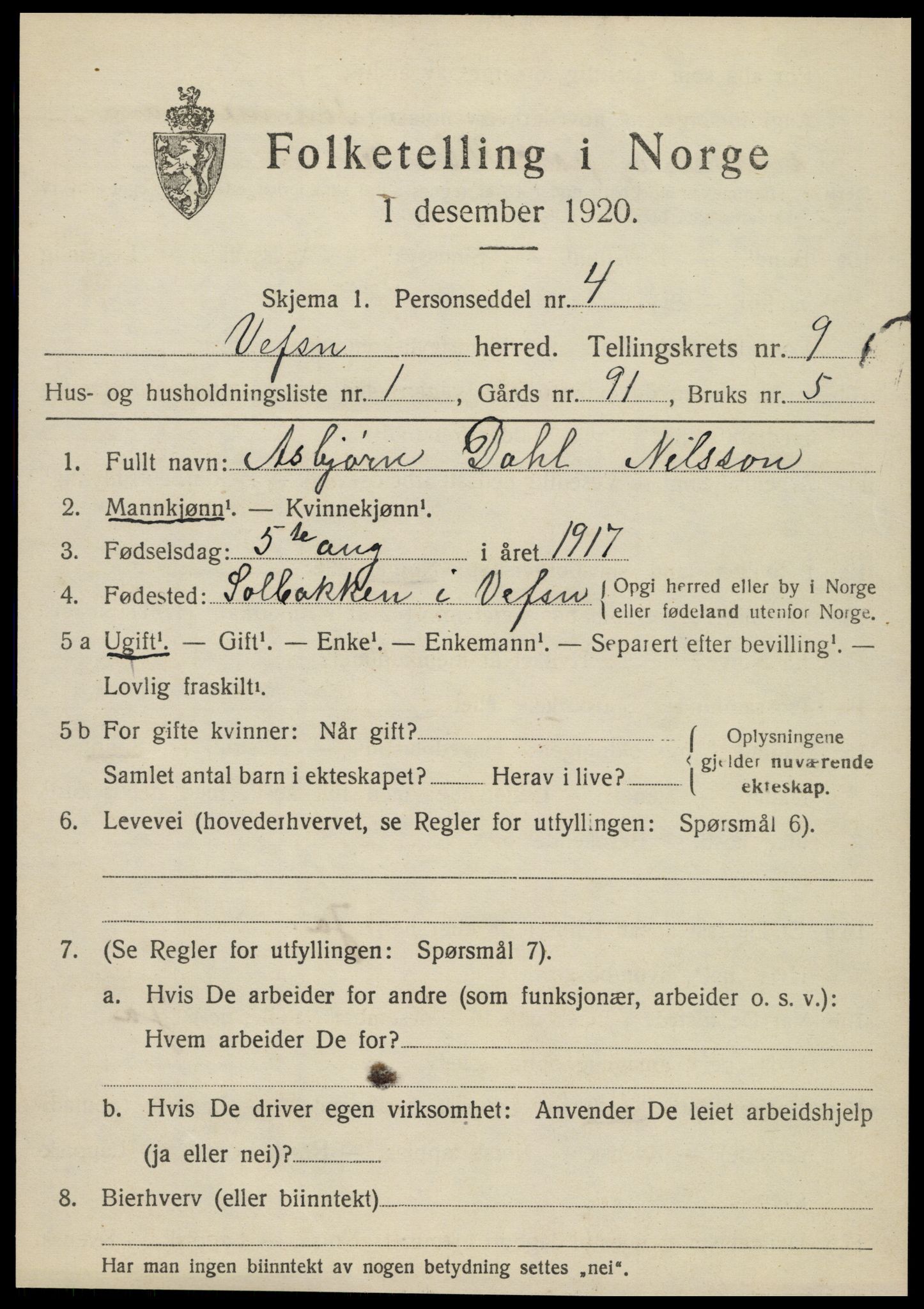 SAT, 1920 census for Vefsn, 1920, p. 5681