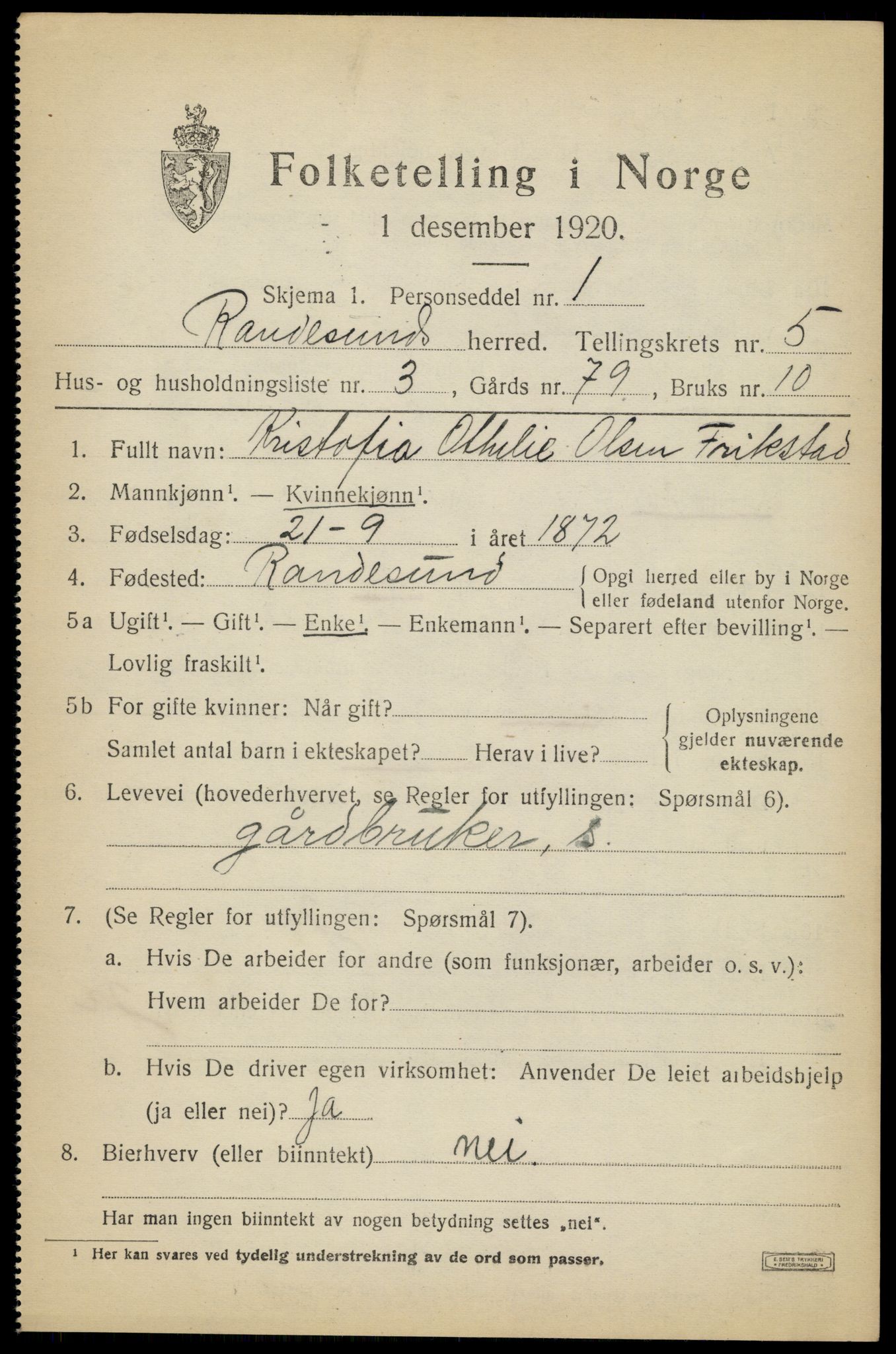 SAK, 1920 census for Randesund, 1920, p. 2332