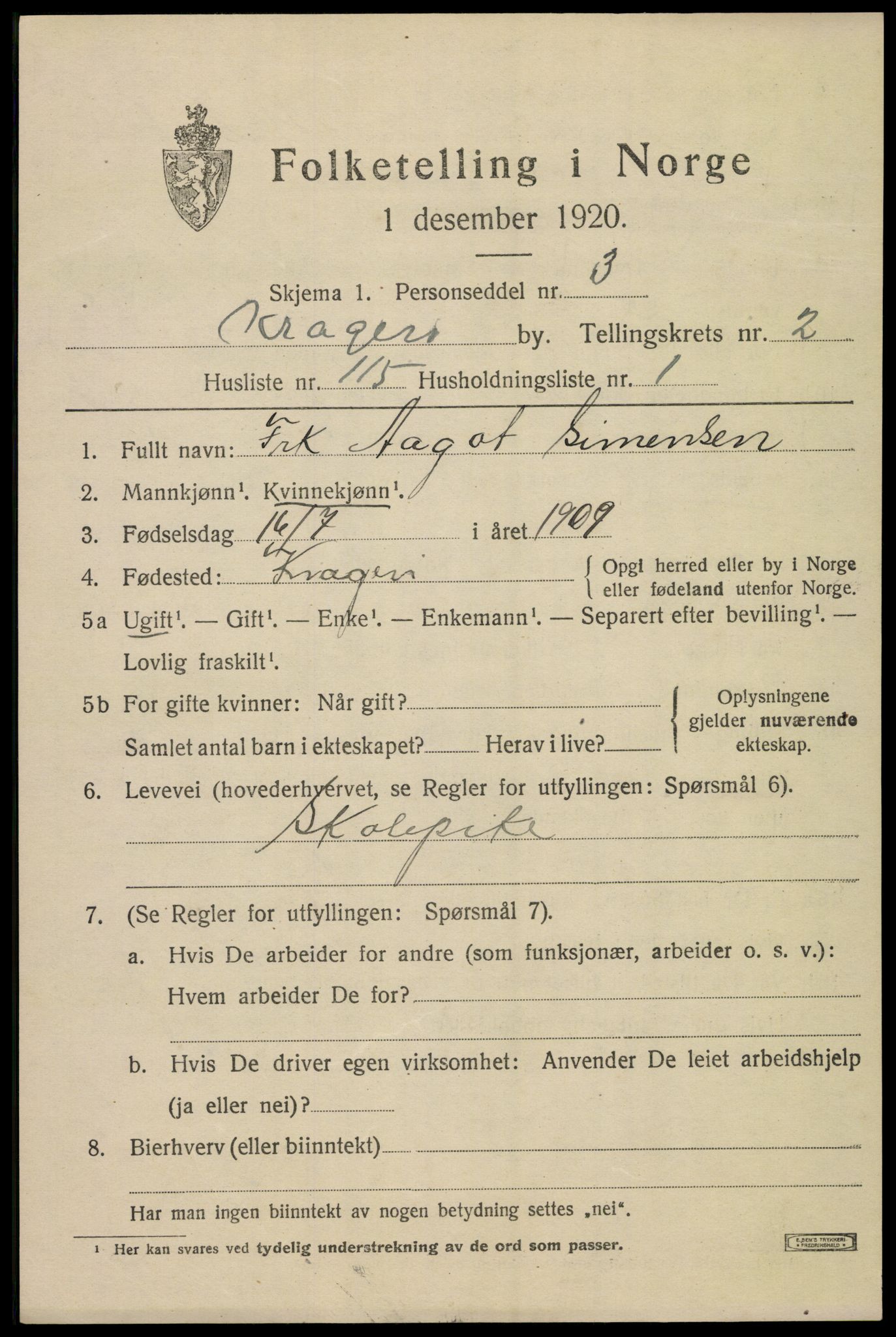 SAKO, 1920 census for Kragerø, 1920, p. 6657