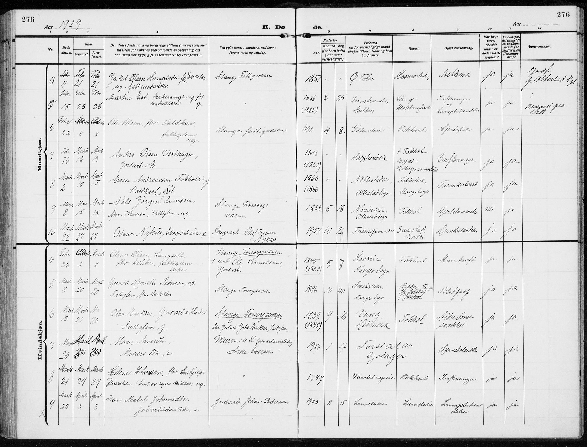 Stange prestekontor, AV/SAH-PREST-002/K/L0026: Parish register (official) no. 26, 1923-1937, p. 276