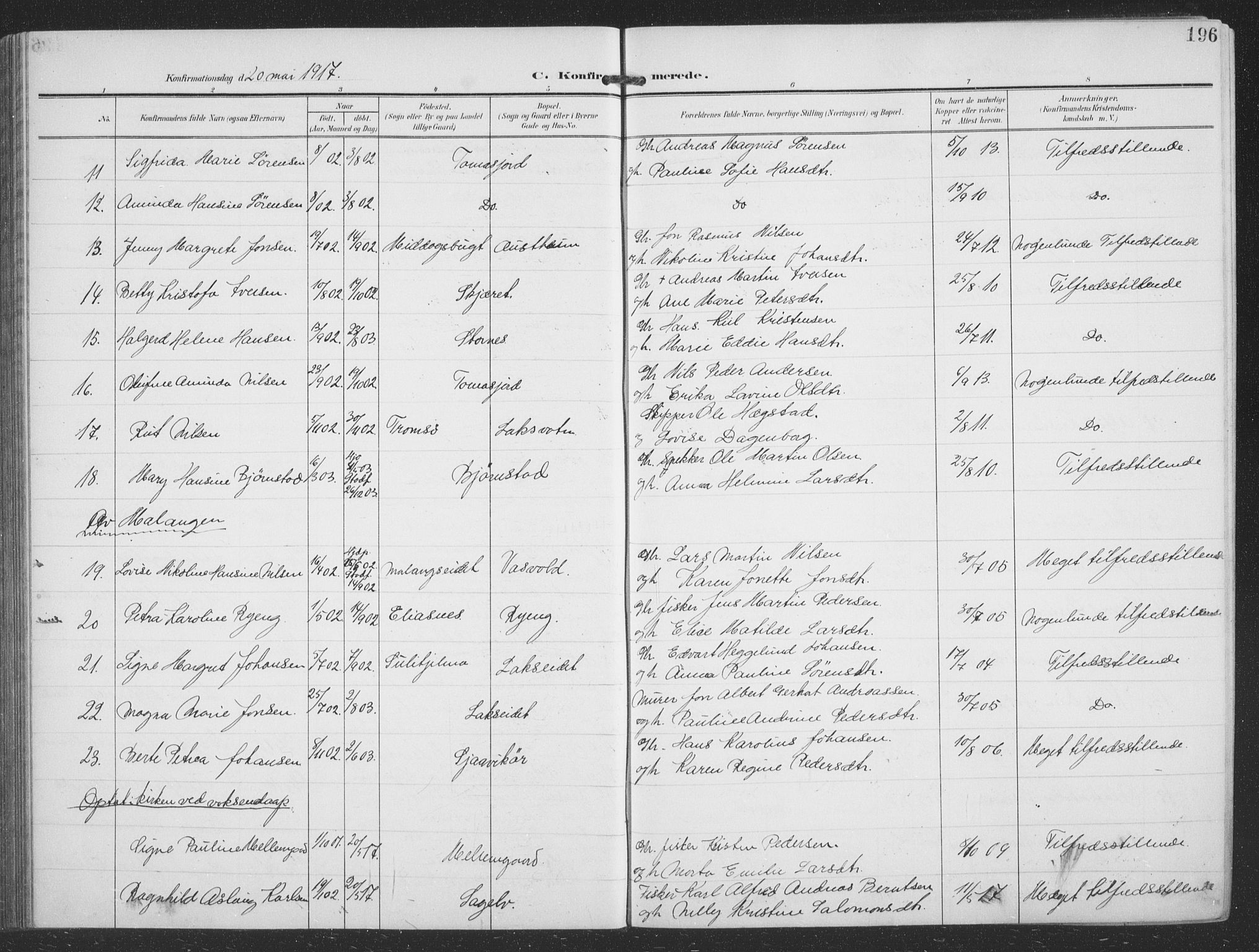 Balsfjord sokneprestembete, SATØ/S-1303/G/Ga/L0009klokker: Parish register (copy) no. 9, 1906-1920, p. 196