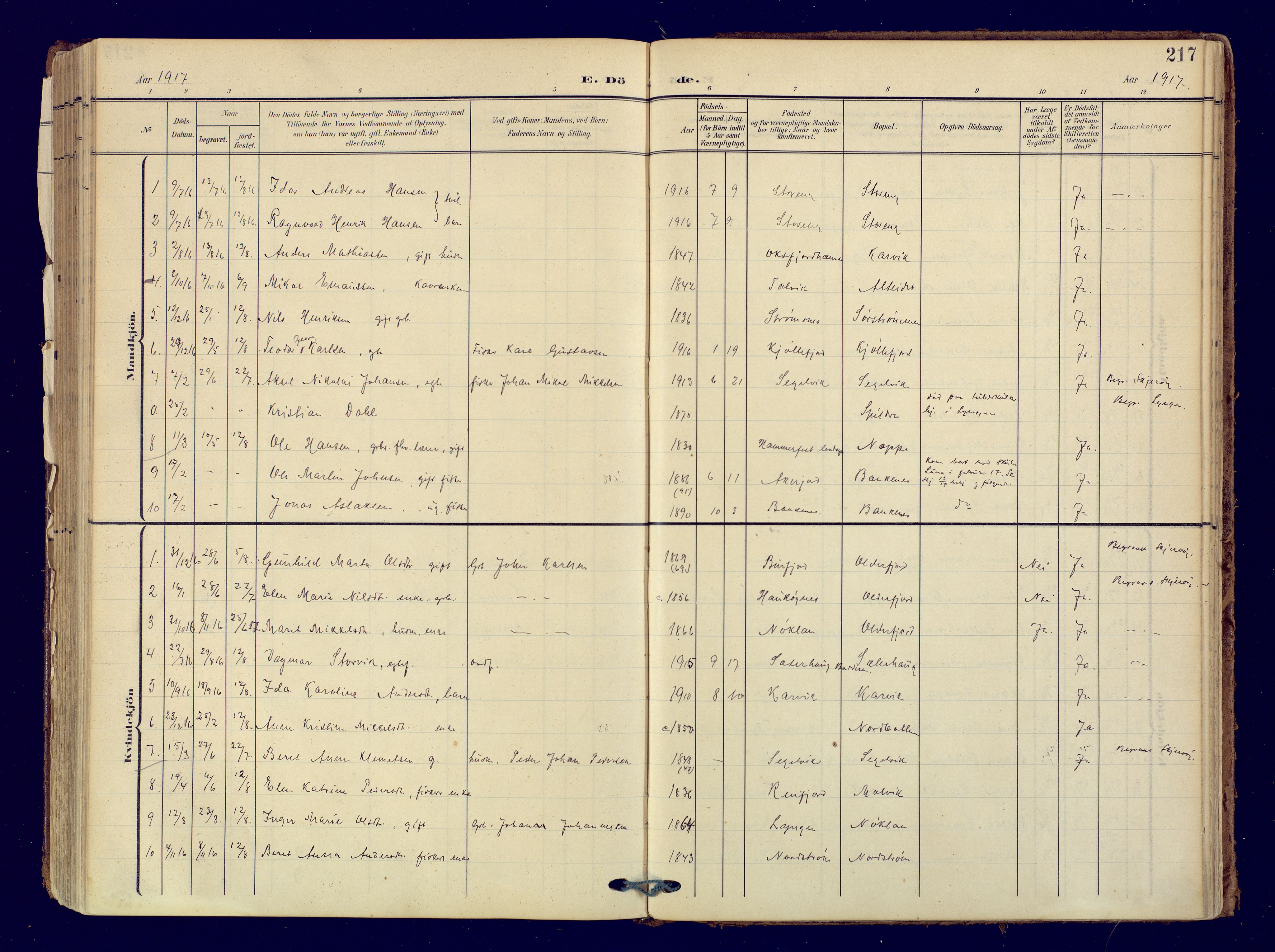 Skjervøy sokneprestkontor, SATØ/S-1300/H/Ha/Haa: Parish register (official) no. 19, 1908-1936, p. 217