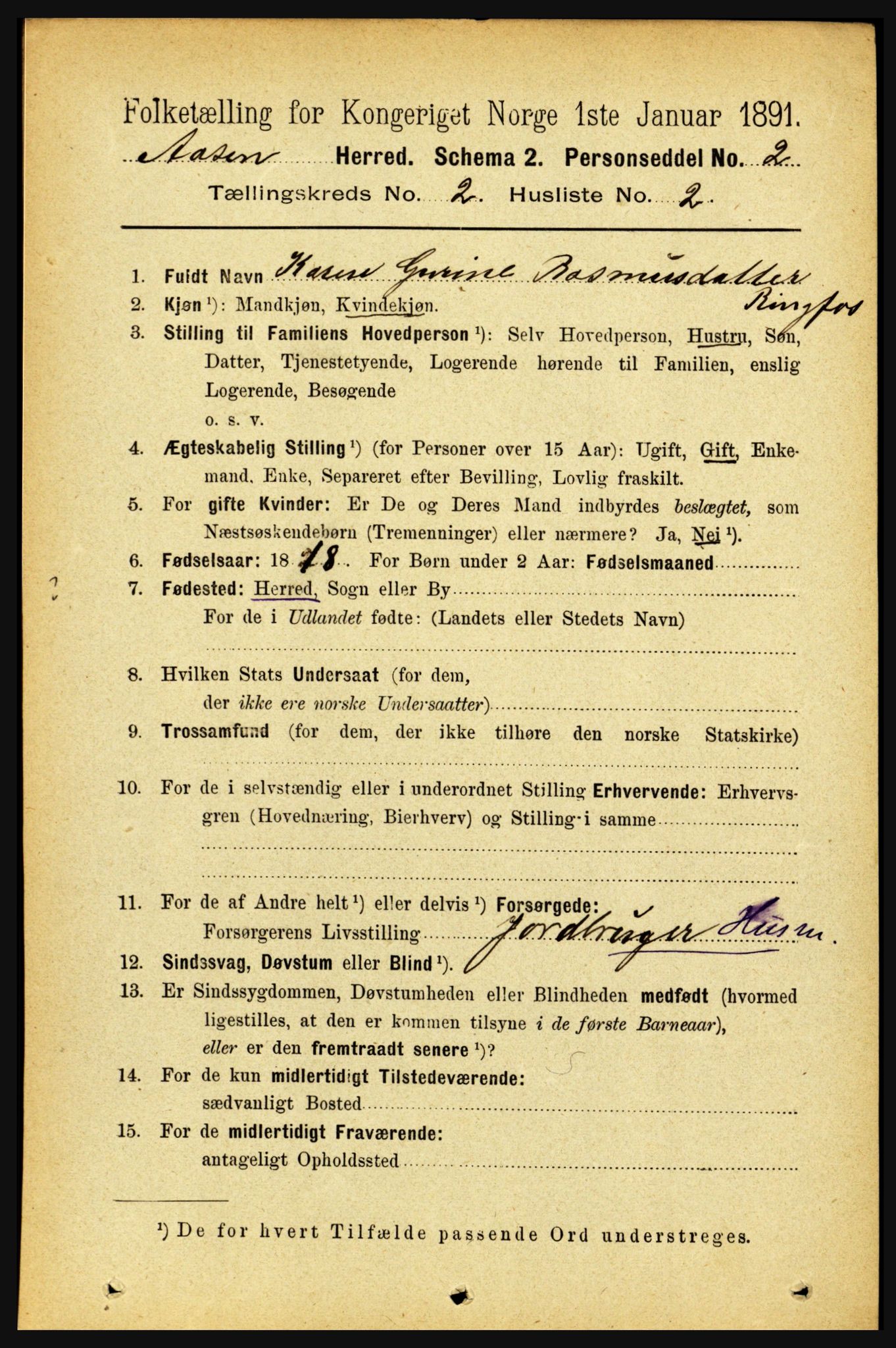RA, 1891 census for 1716 Åsen, 1891, p. 610